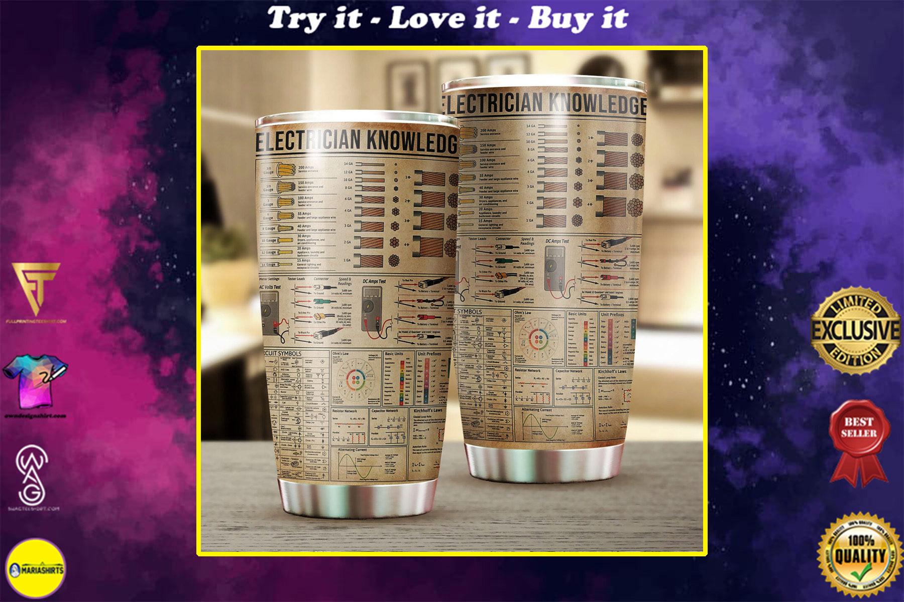 electrician knowledge all over print stainless steel tumbler