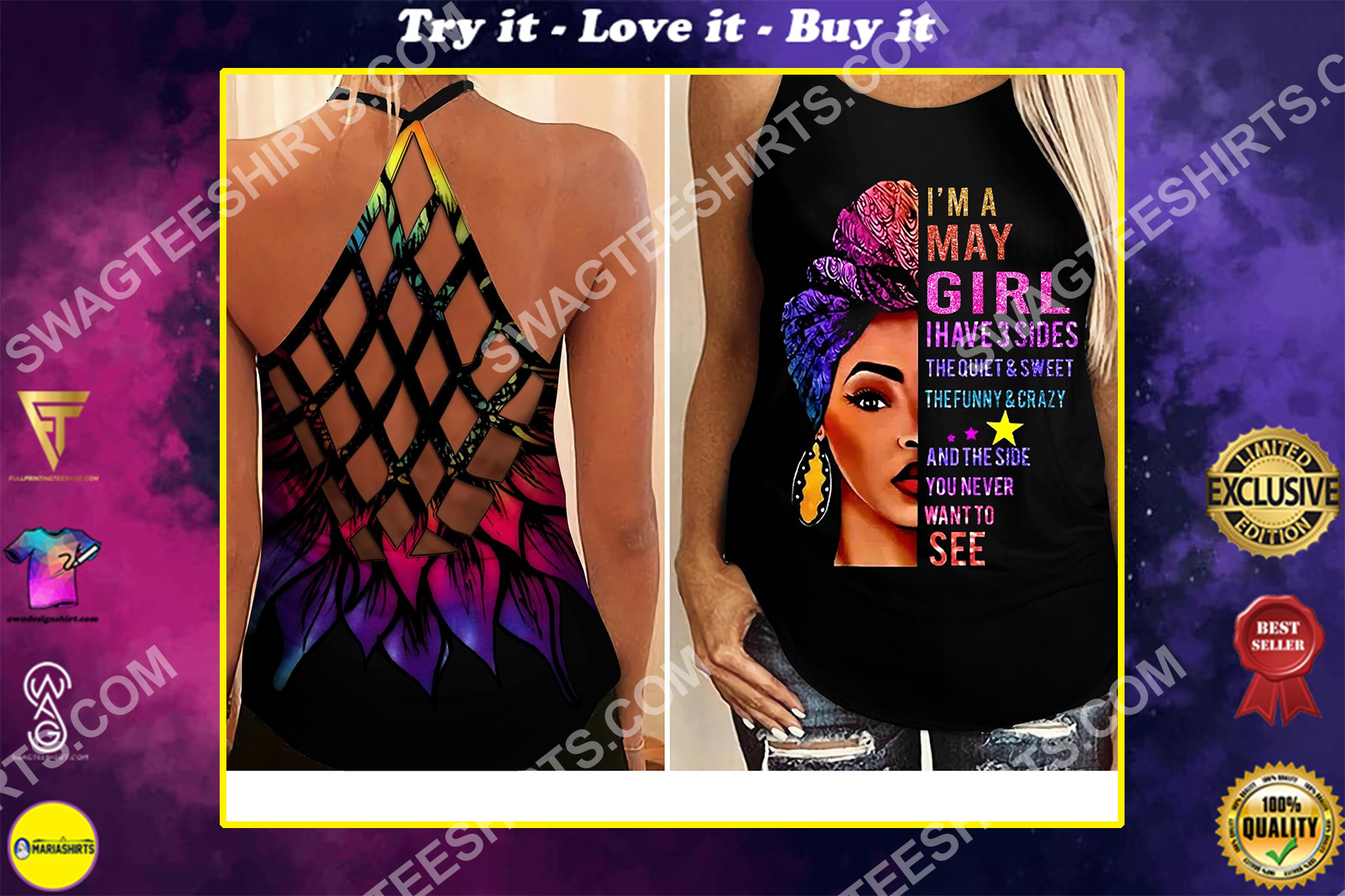 i'm a may girl i have 3 sides the quiet and sweet all over printed criss-cross tank top