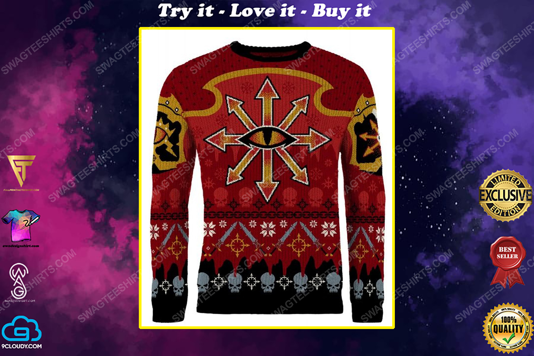 Christmas holiday chaos reigns khorne full print ugly christmas sweater