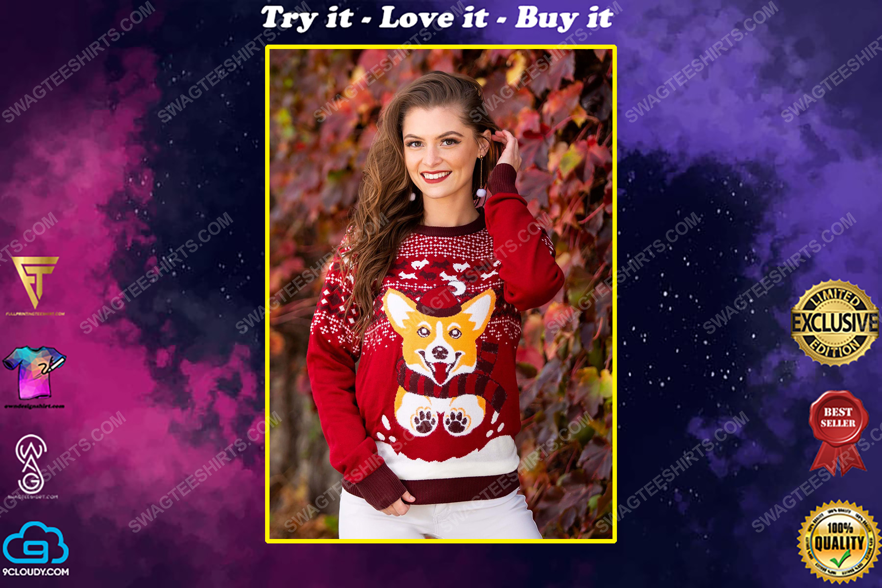 Christmas holiday corgi dog full print ugly christmas sweater