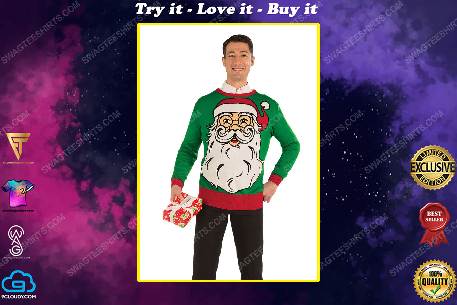 Christmas holiday hipster santa full print ugly christmas sweater