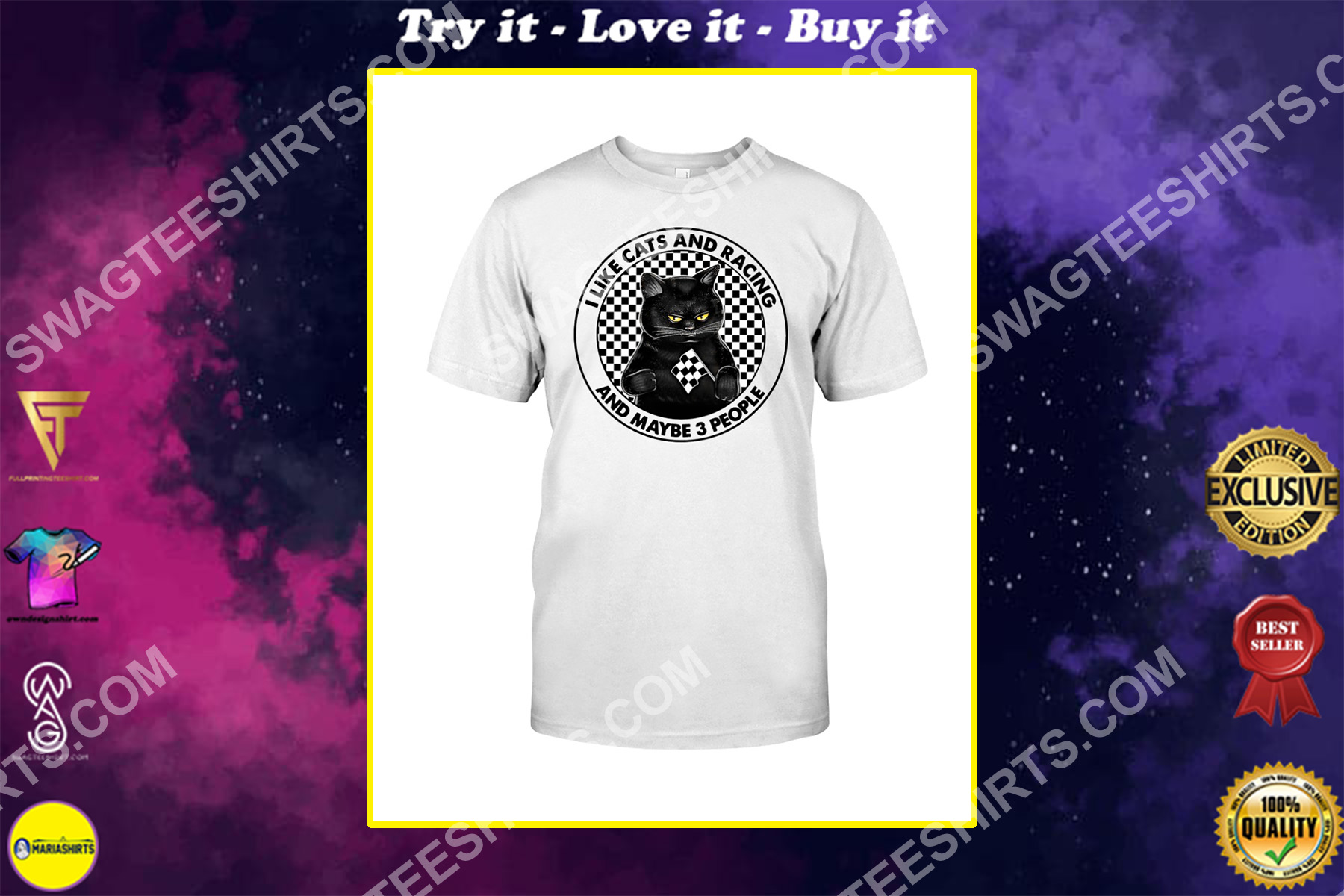 black cat i like cats and racing and maybe 3 people shirt