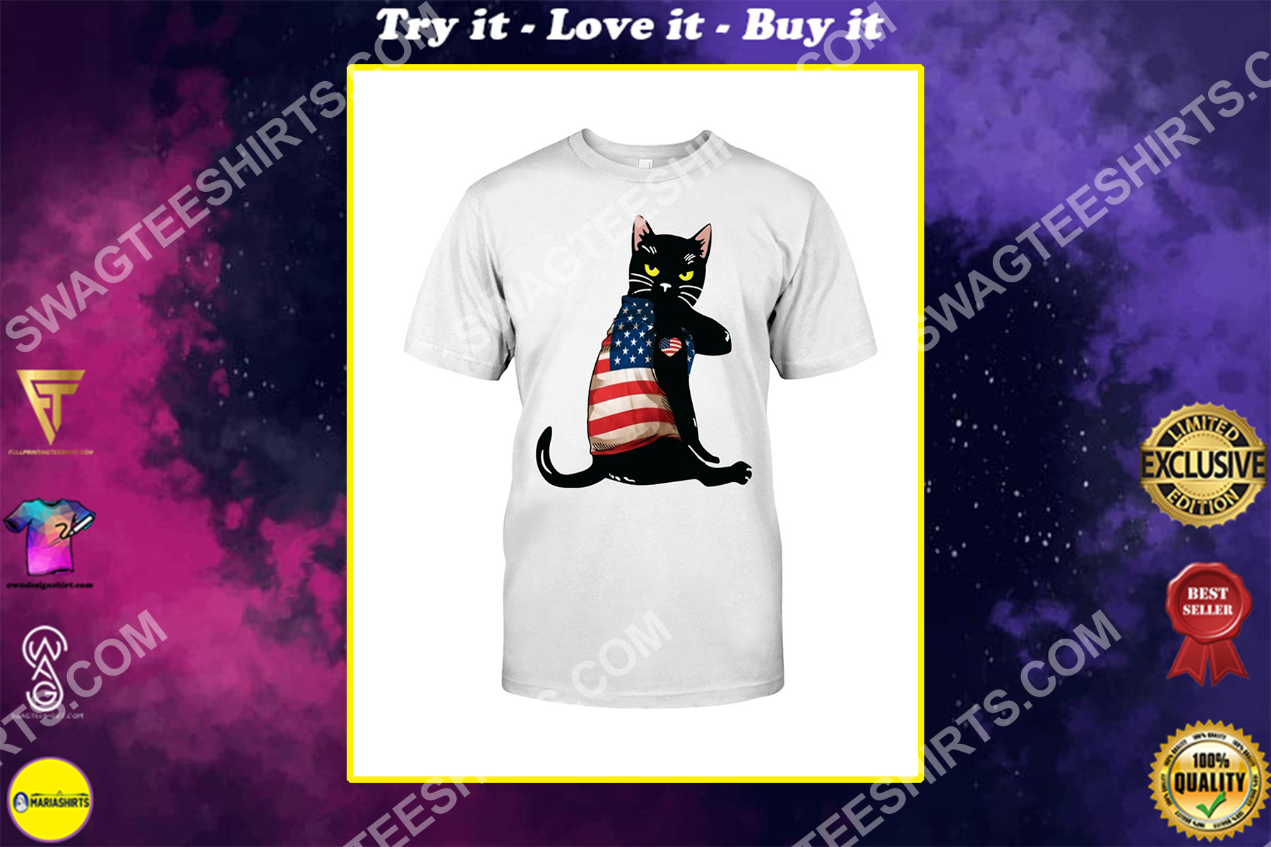 strong cat patriotic america flag shirt