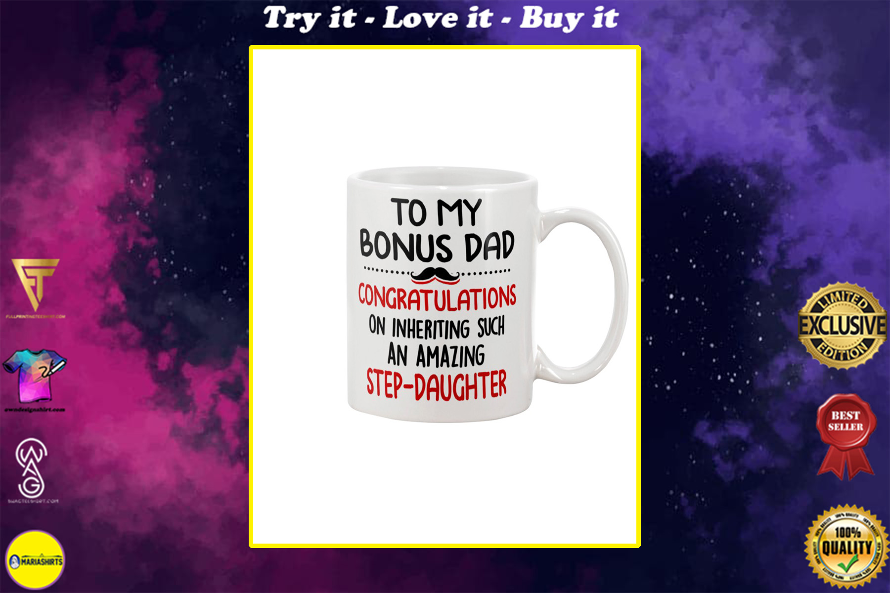 to my bonus dad congratulations on inheriting such an amazing step daughter happy father's day mug