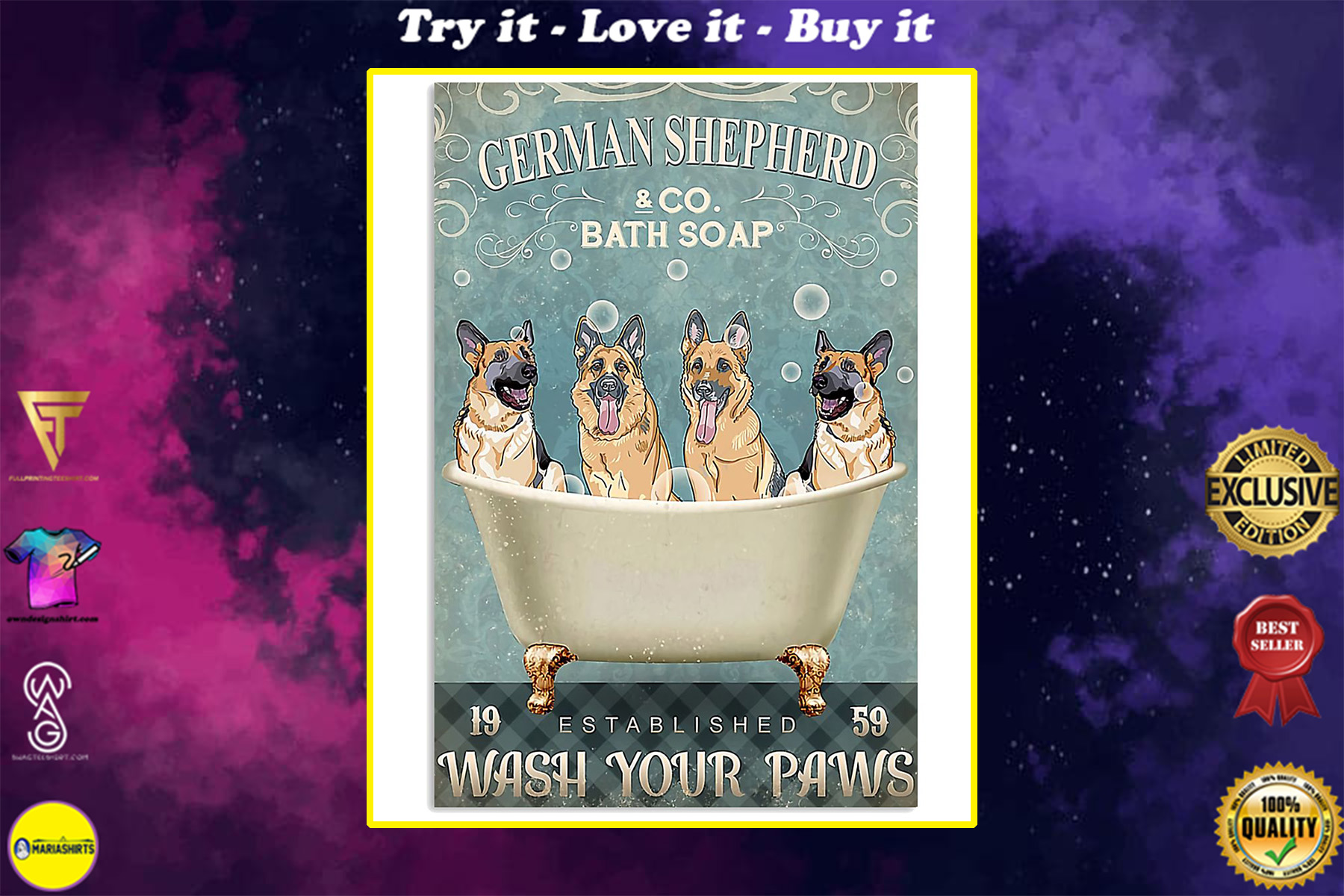 vintage german shepherd bath soap wash your paws poster