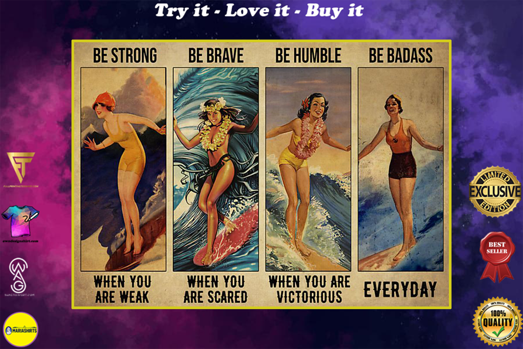 vintage surfing girl be strong when you are weak be brave when you are scared poster