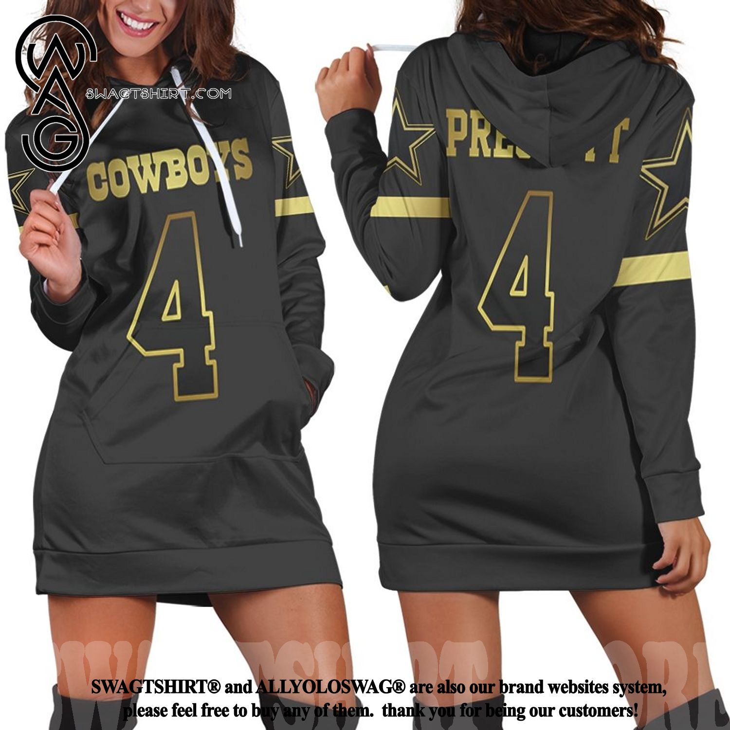Dallas Cowboys 4 Dak Prescott Black Golden Edition Jersey Inspired New Type Hoodie Dress