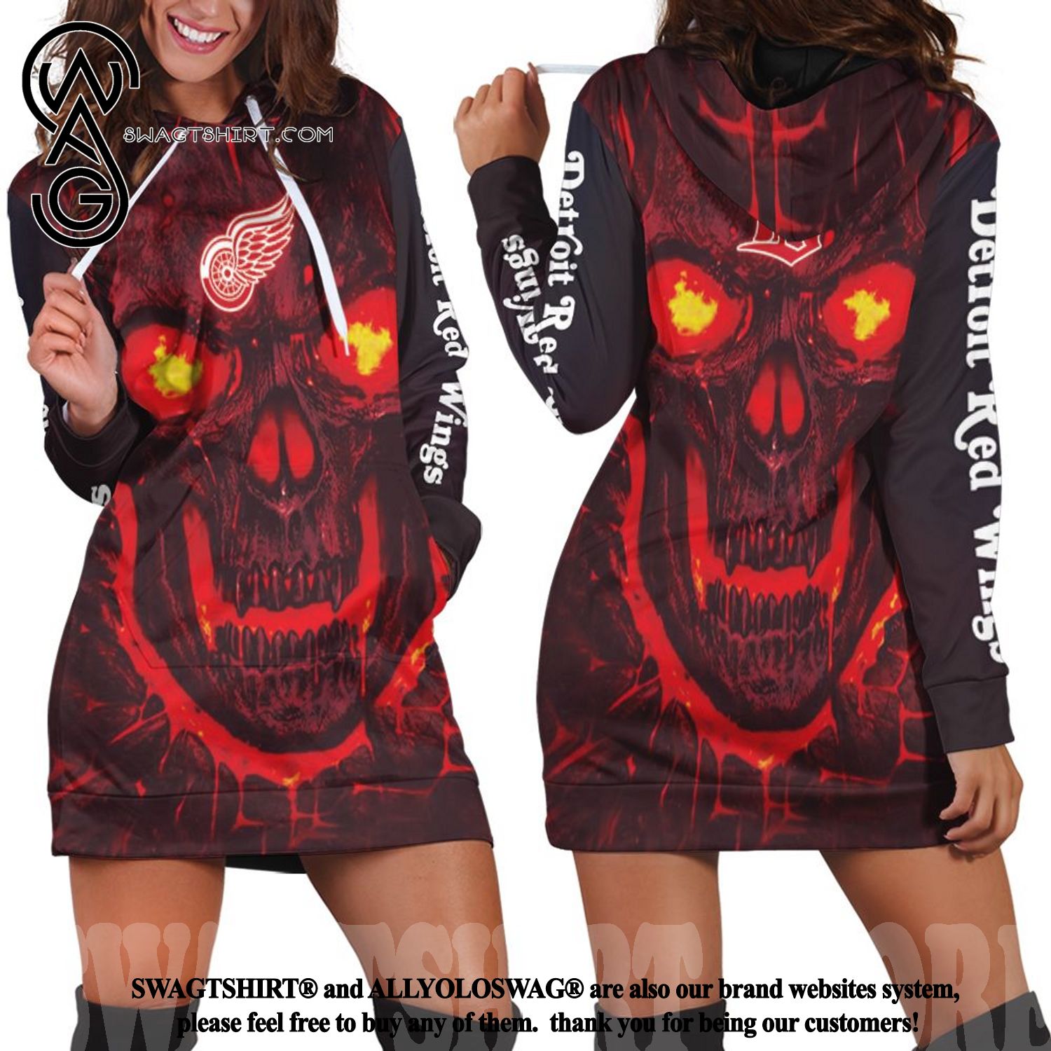 Detroit Red Wings Nhl Fan 3d Skull Demon Jersey Street Style All Over Print Hoodie Dress