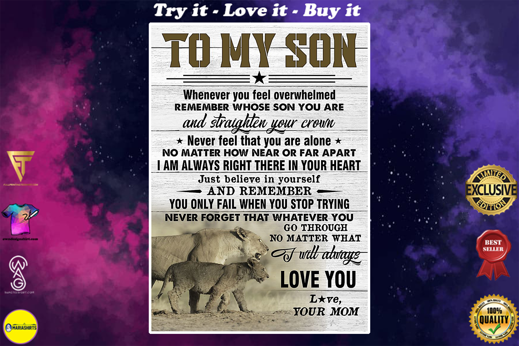 lion to my son just believe in yourself i will always love you your mom poster