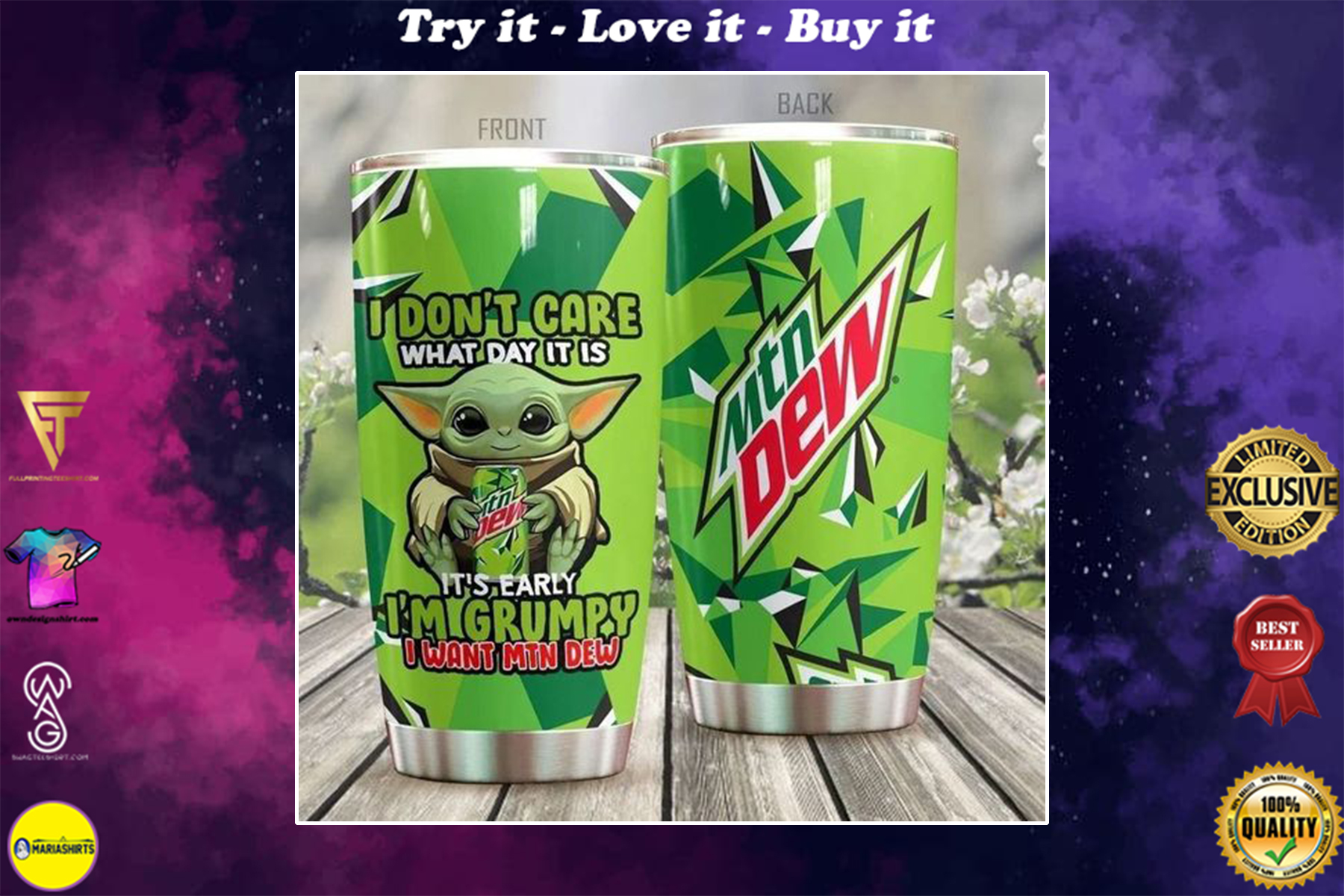 personalized name baby yoda and mountain dew tumbler