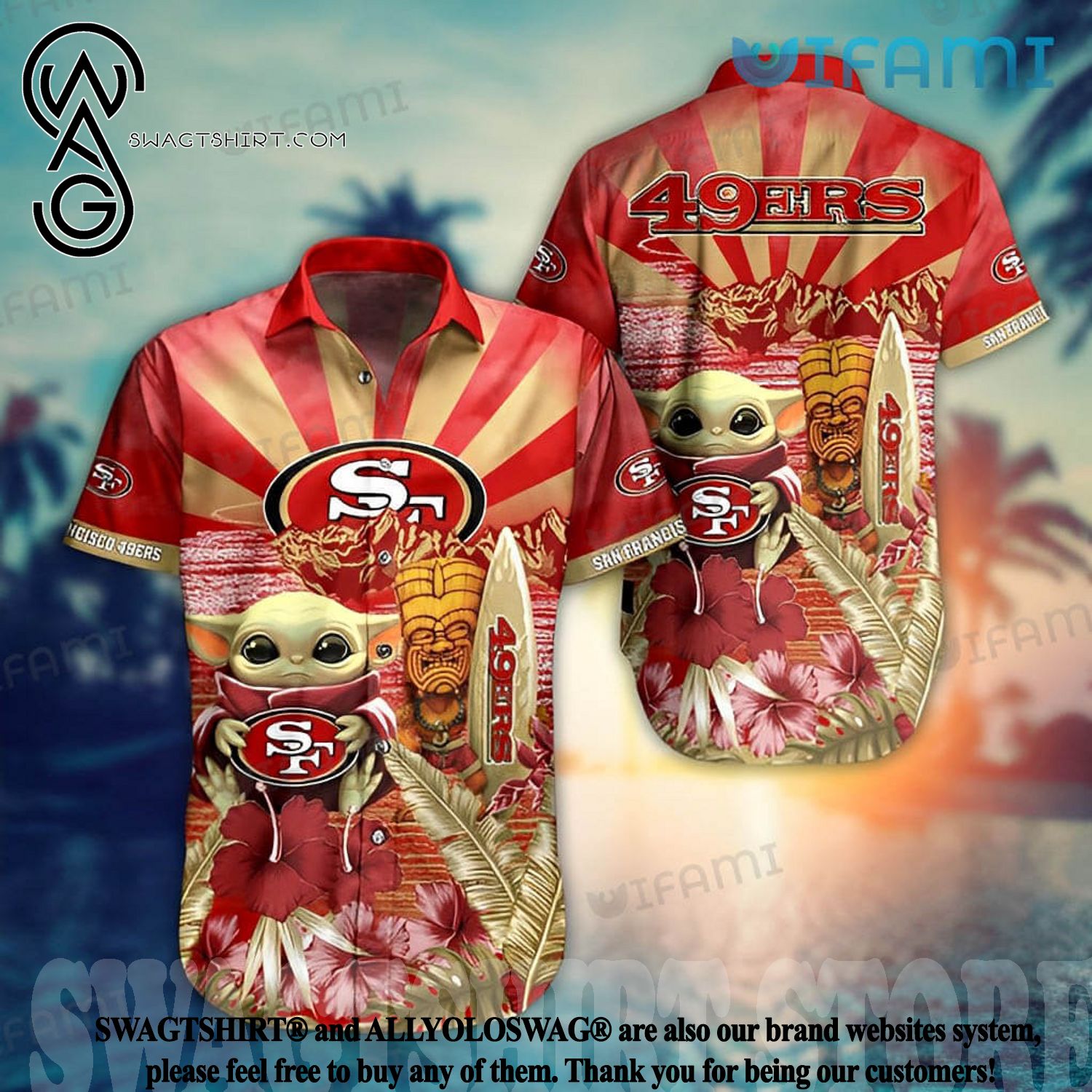 49ers Hawaiian Shirt Baby Yoda Surfing San Francisco 49ers Gift