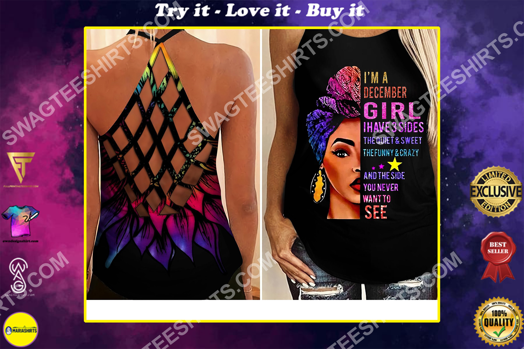 i'm a december girl i have 3 sides the quiet and sweet all over printed criss-cross tank top