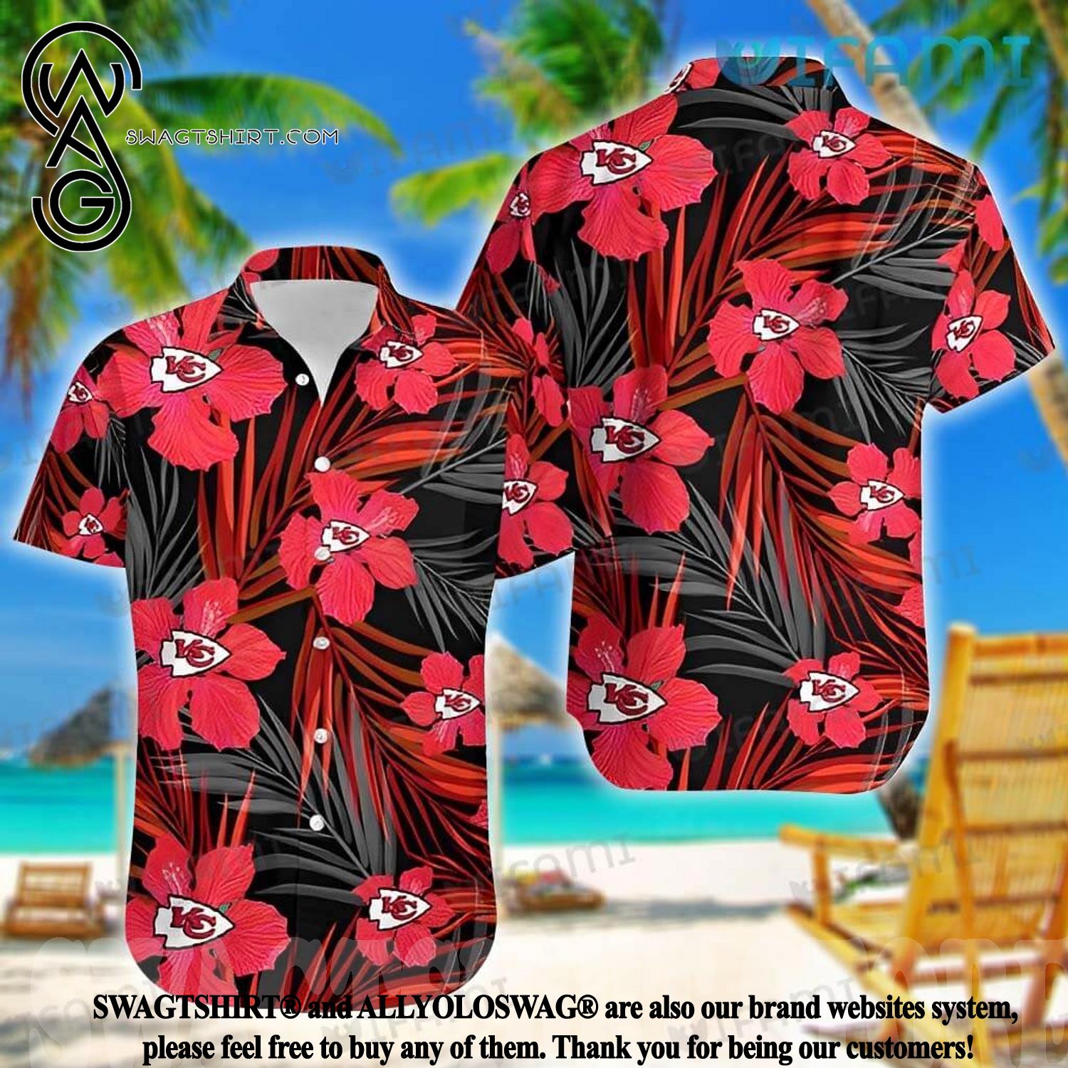 Best Selling Product] Kansas City Chiefs Big Hibiscus Palm Leaf Kansas City  Gift Hawaiian Shirt