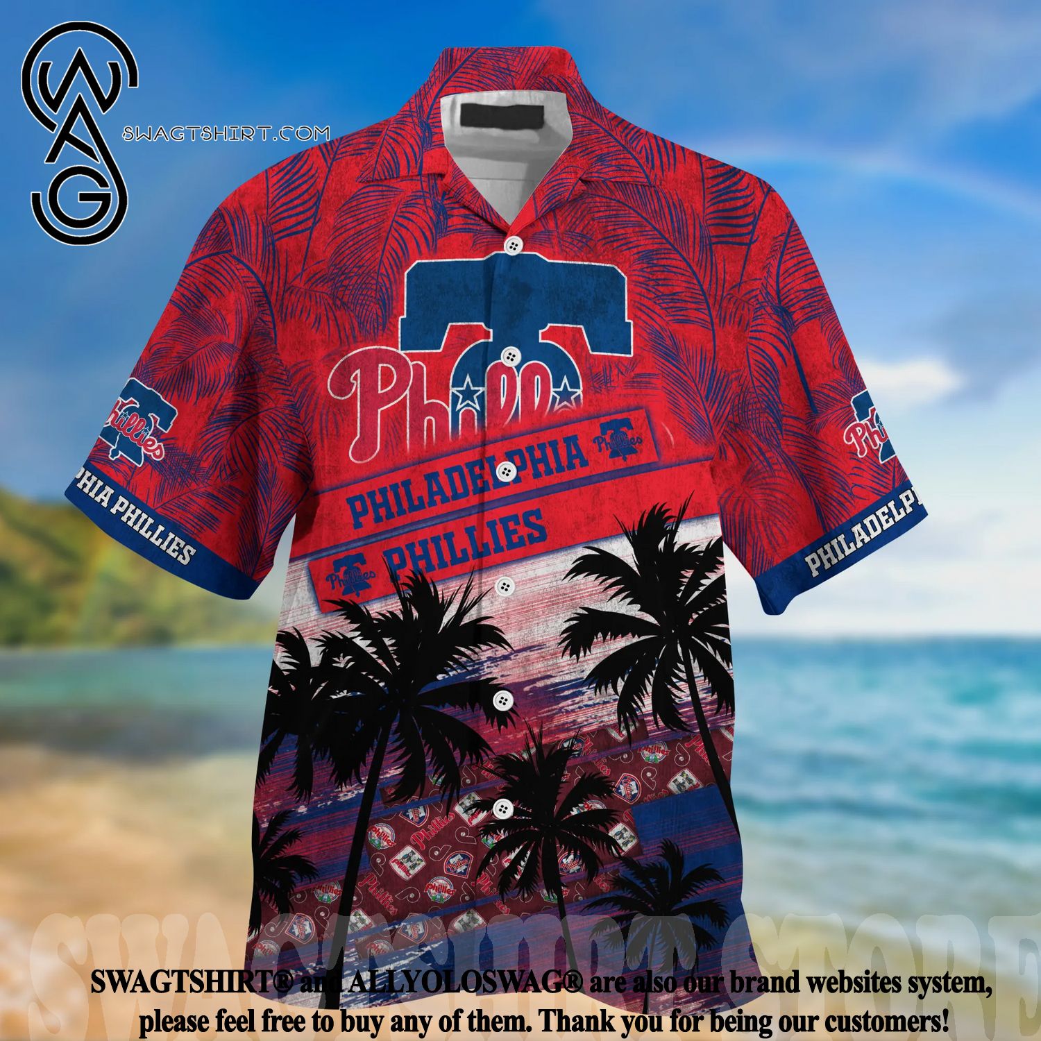 MLB Philadelphia Phillies Vintage Aloha Shirt Palm Trees Pattern