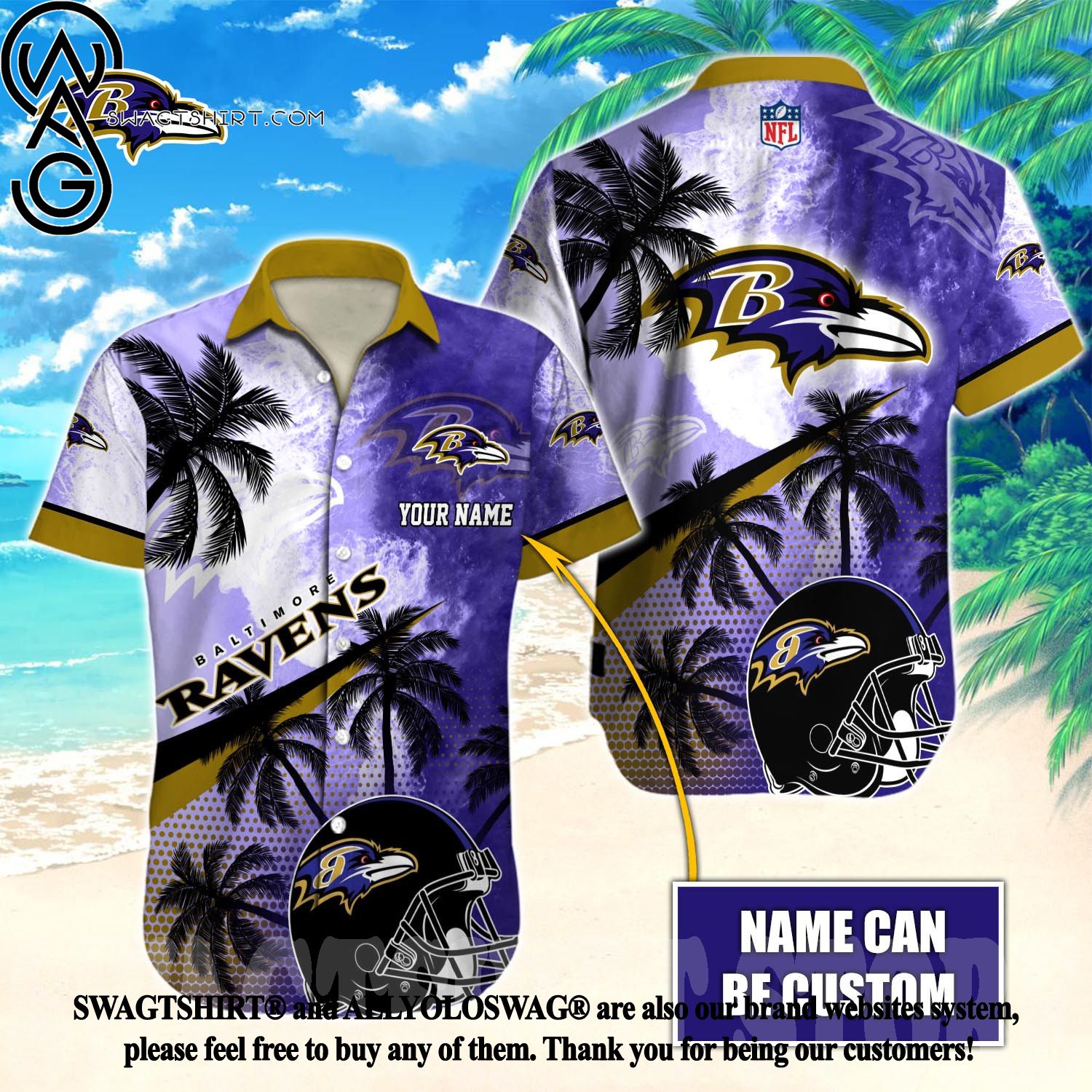 Nfl Baltimore Ravens Gold Purple Trendy Hawaiian Shirt Aloha Shirt - Trendy  Aloha