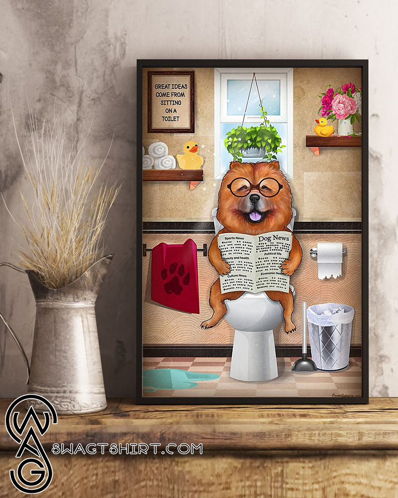 Bathroom wall art chow chow sitting on toilet and reading poster