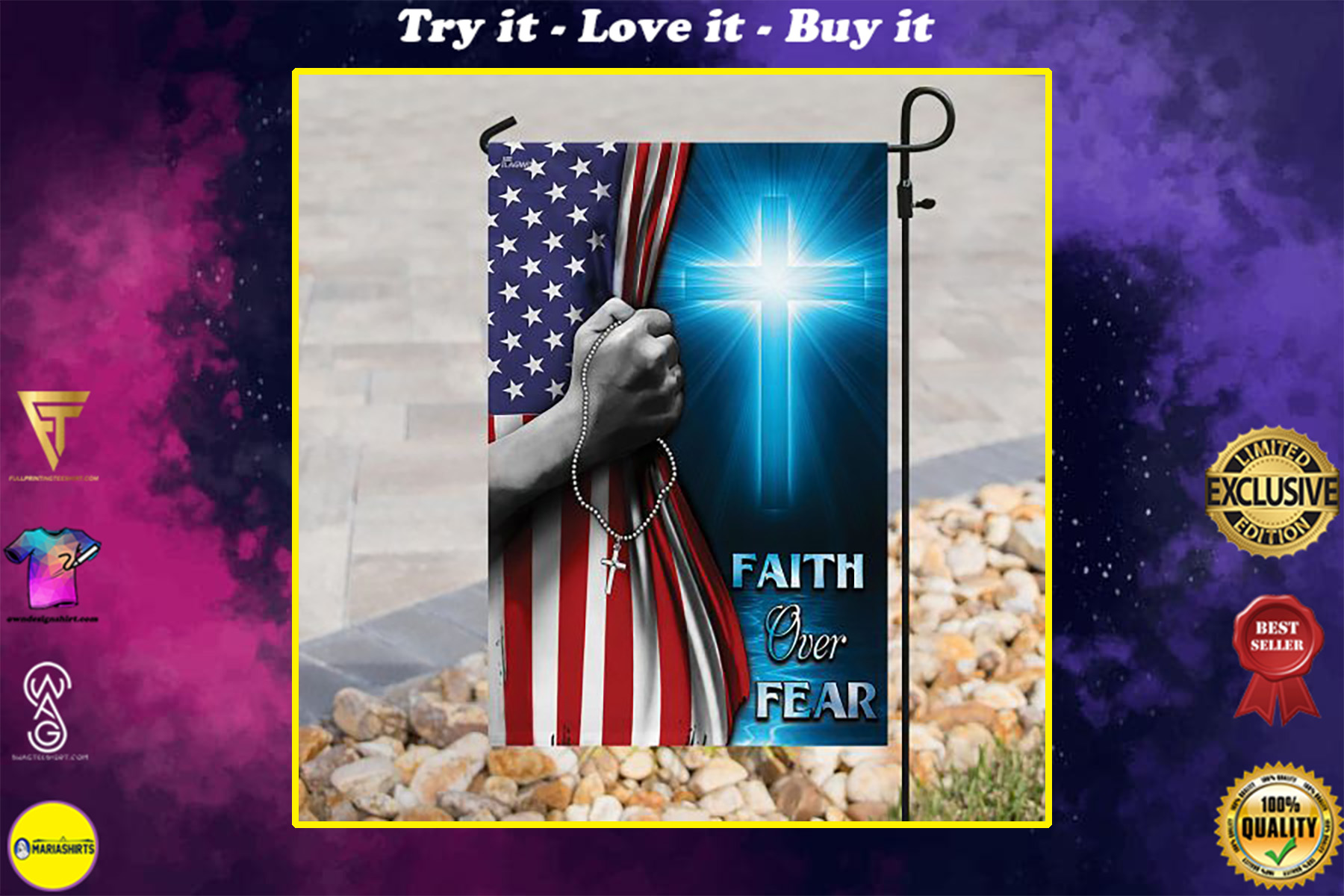 God cross faith over fear american flag all over print flag