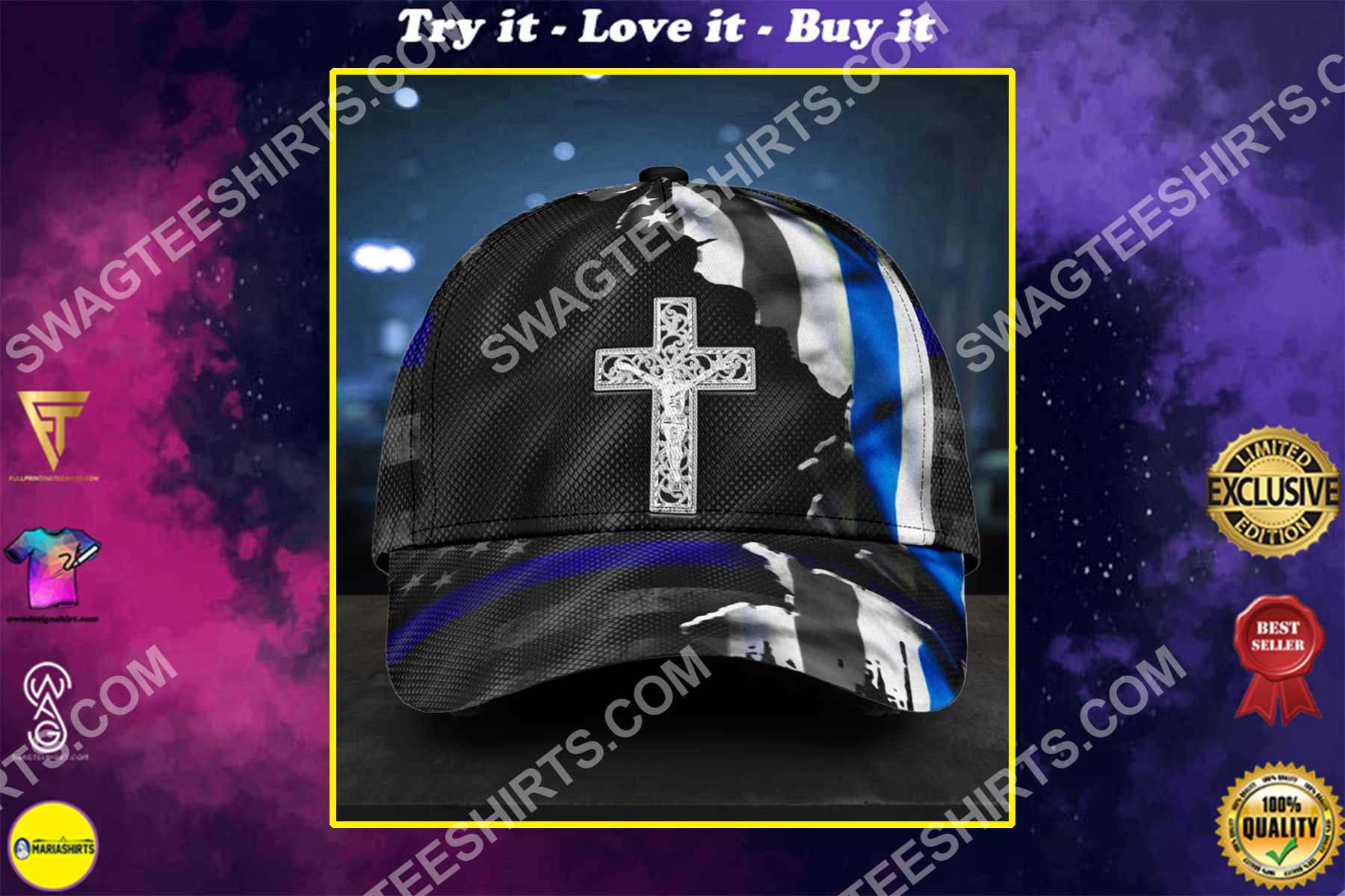 Jesus cross and back the blue all over printed classic cap