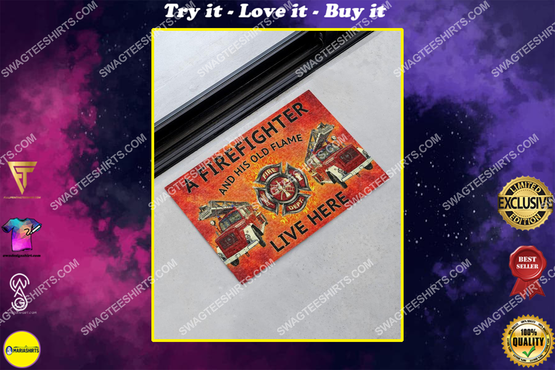 a firefighter and his old flame live here full print doormat