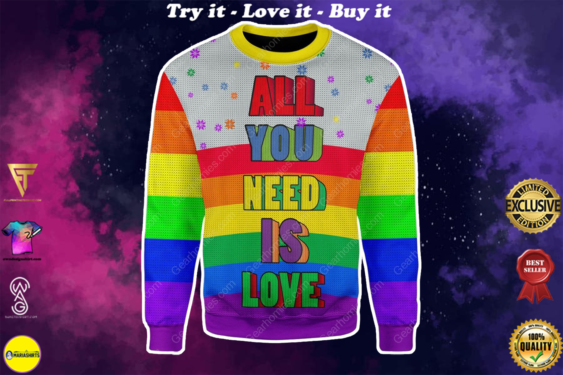 all you need is love lgbt all over printed ugly christmas sweater