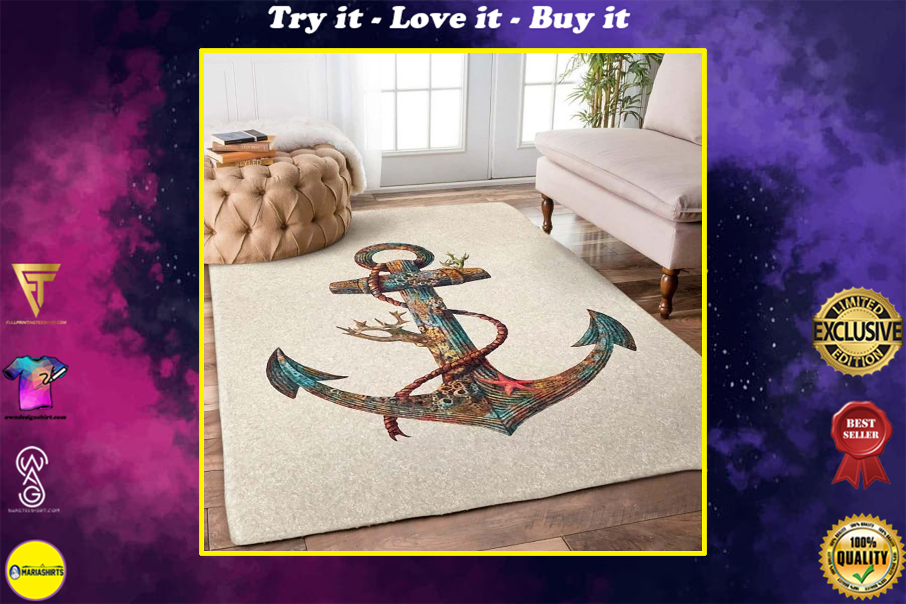 anchor and ocean all over printed rug