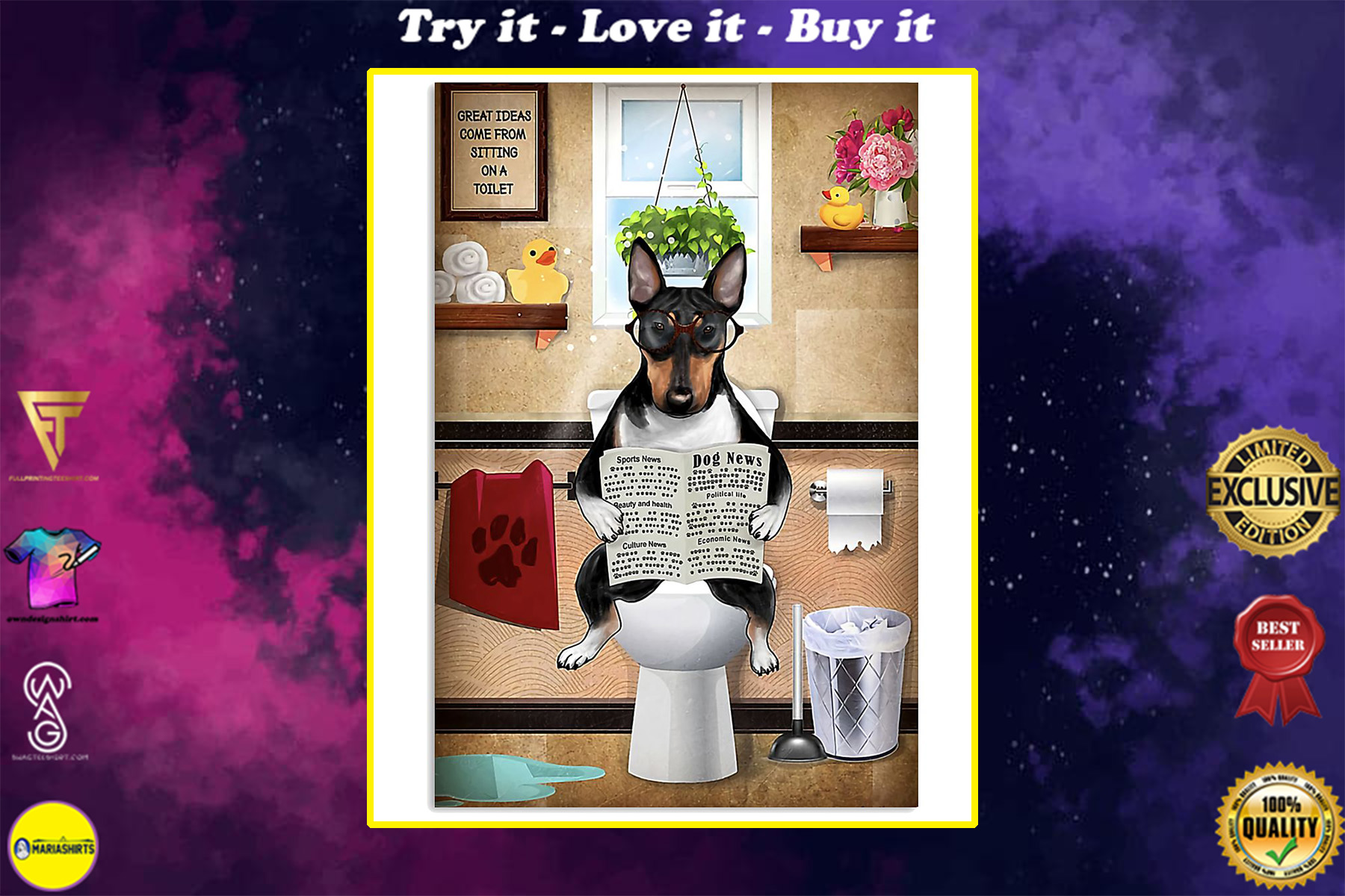 bull terrier sitting on toilet great ideas poster