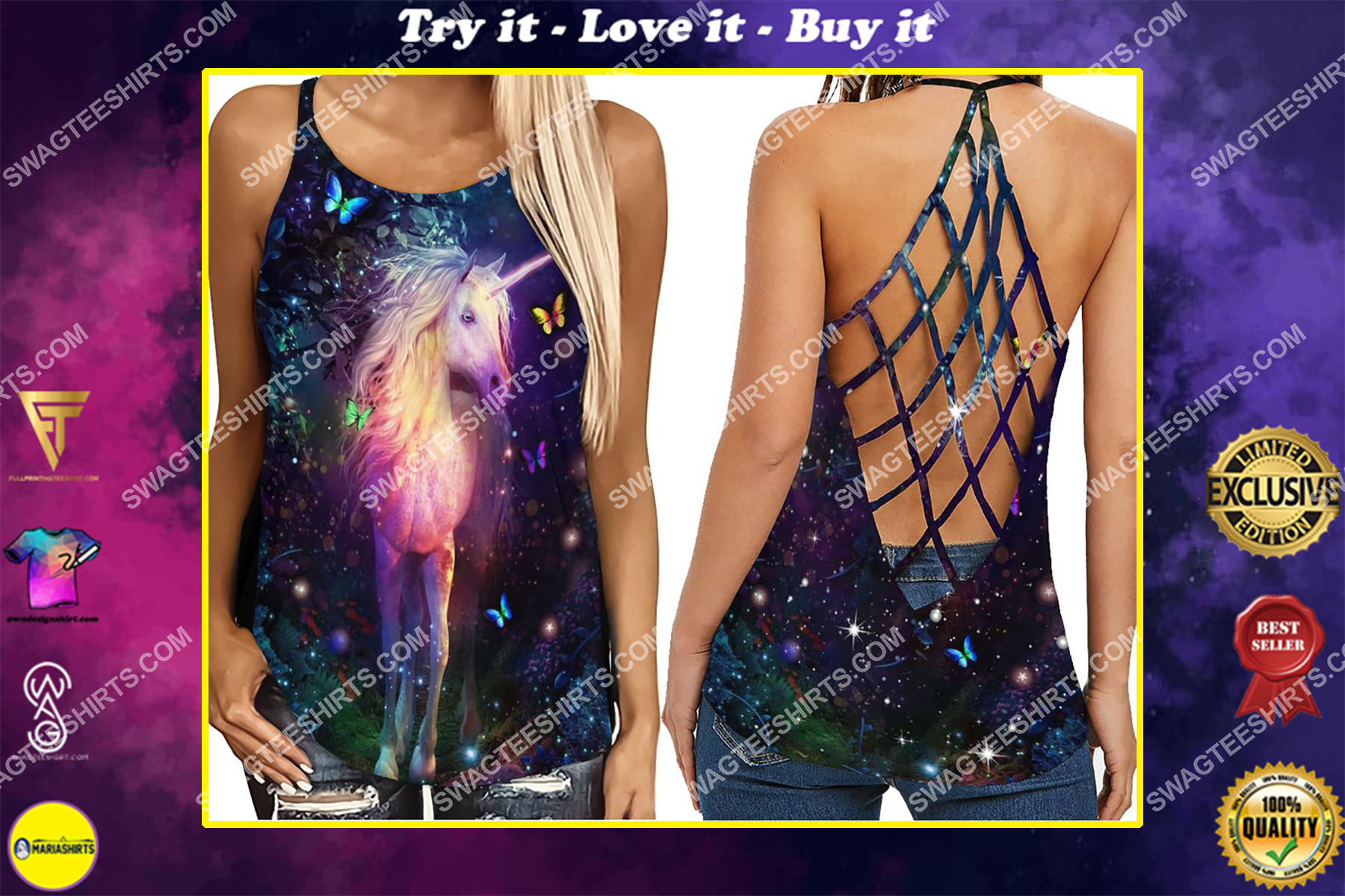butterfly and unicorn full print criss-cross tank top