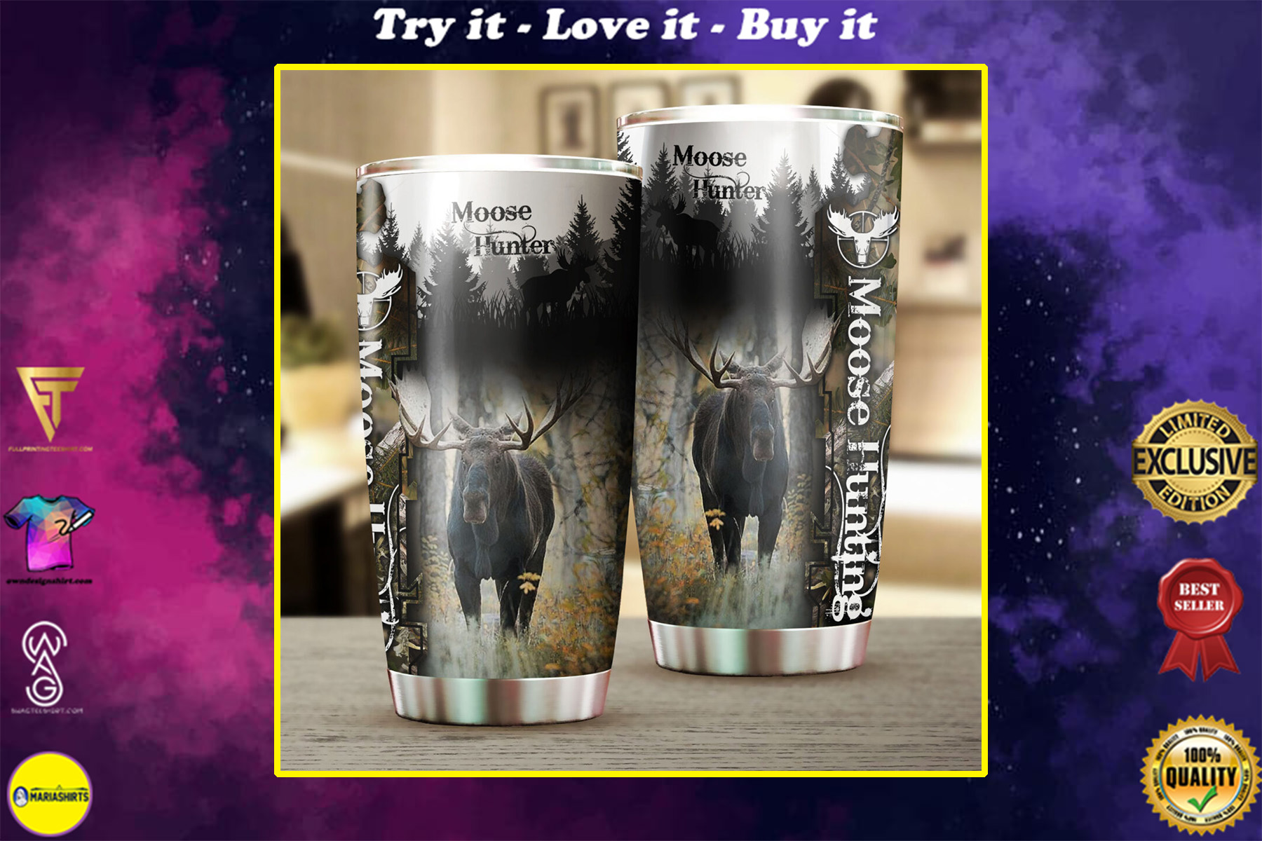 camo moose hunting all over print stainless steel tumbler