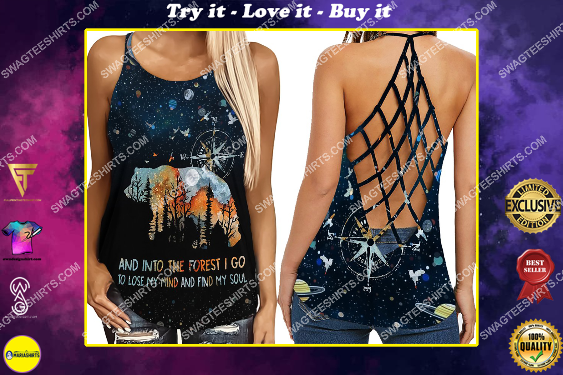 camping bear into the forest full print criss-cross tank top