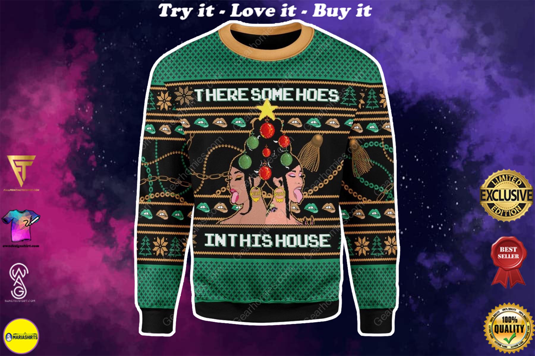 cardi b theres some hos in this house all over printed ugly christmas sweater