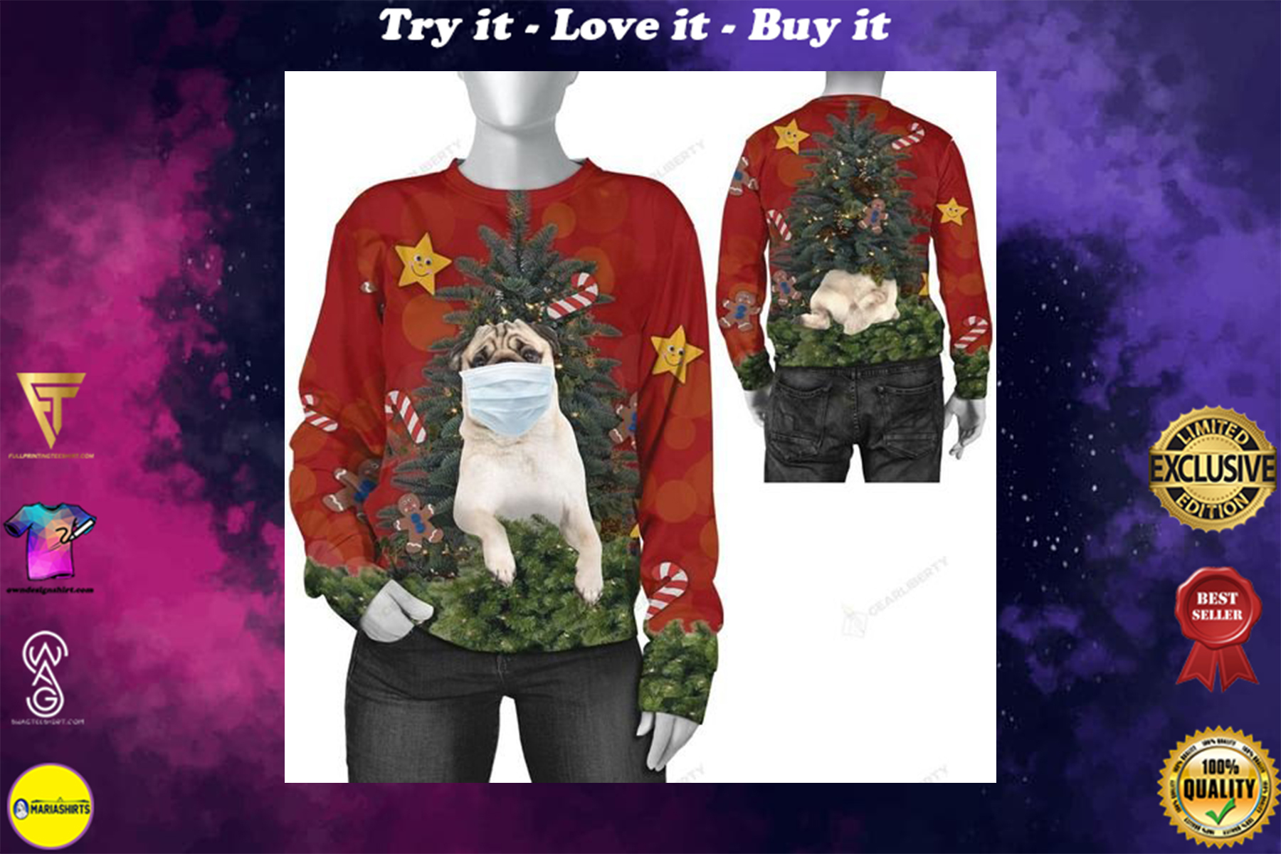 christmas time pug with face mask ugly sweater