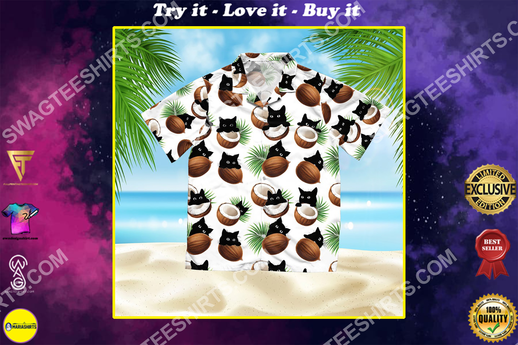 coconut and cat summer vacation all over print hawaiian shirt