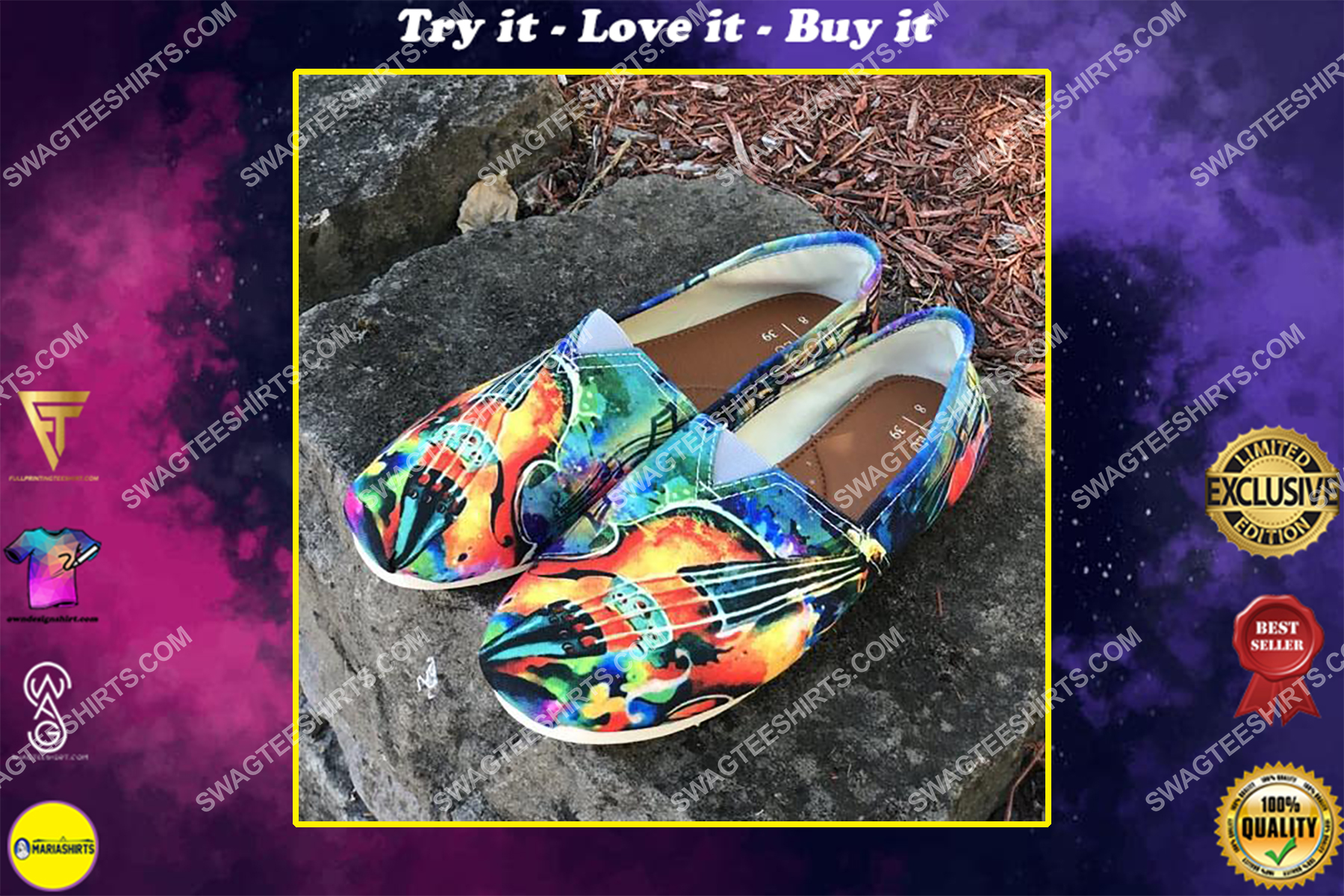 colorful artistic violin all over printed toms shoes
