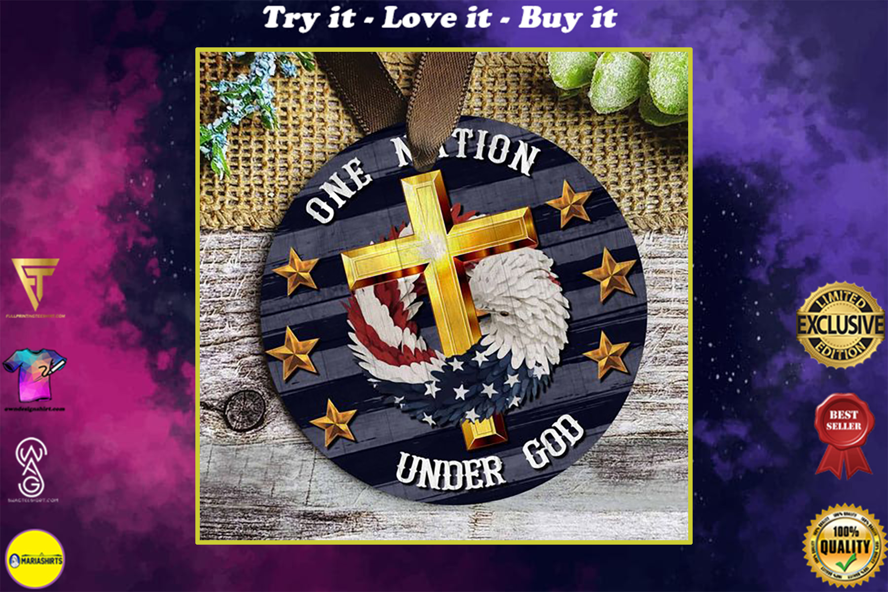 cross Jesus one nation under God christmas ornament