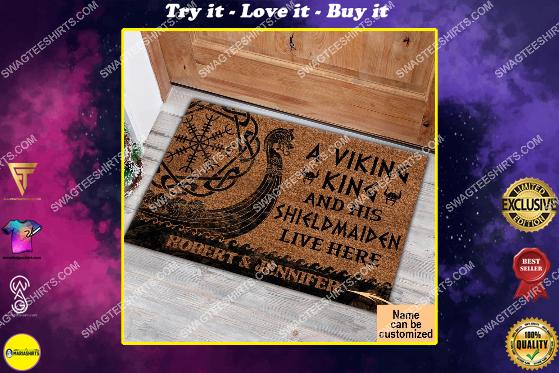 custom name a viking and his shieldmaiden live here full print doormat