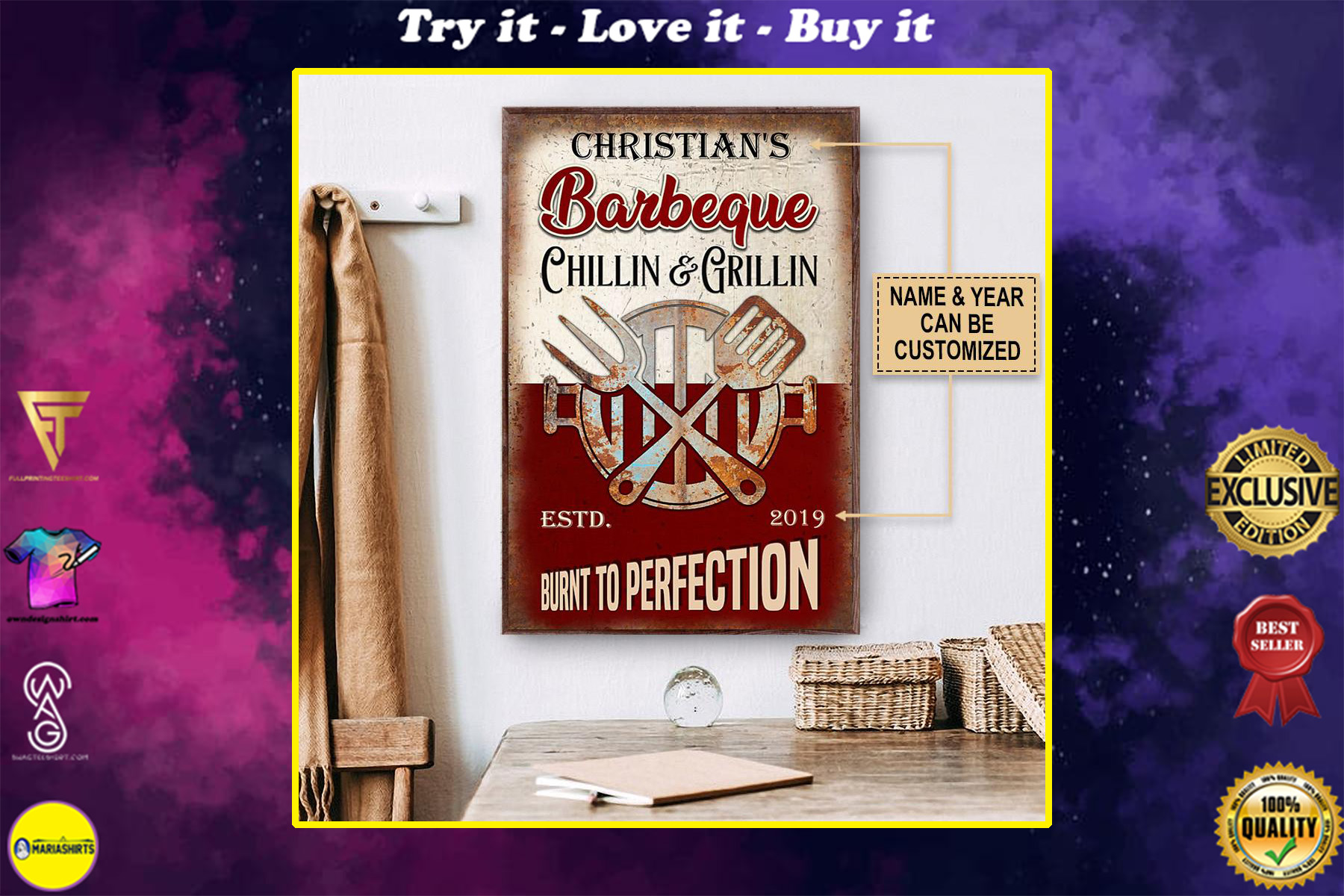 custom name barbeque chillin and grillin burnt to perfection vintage poster