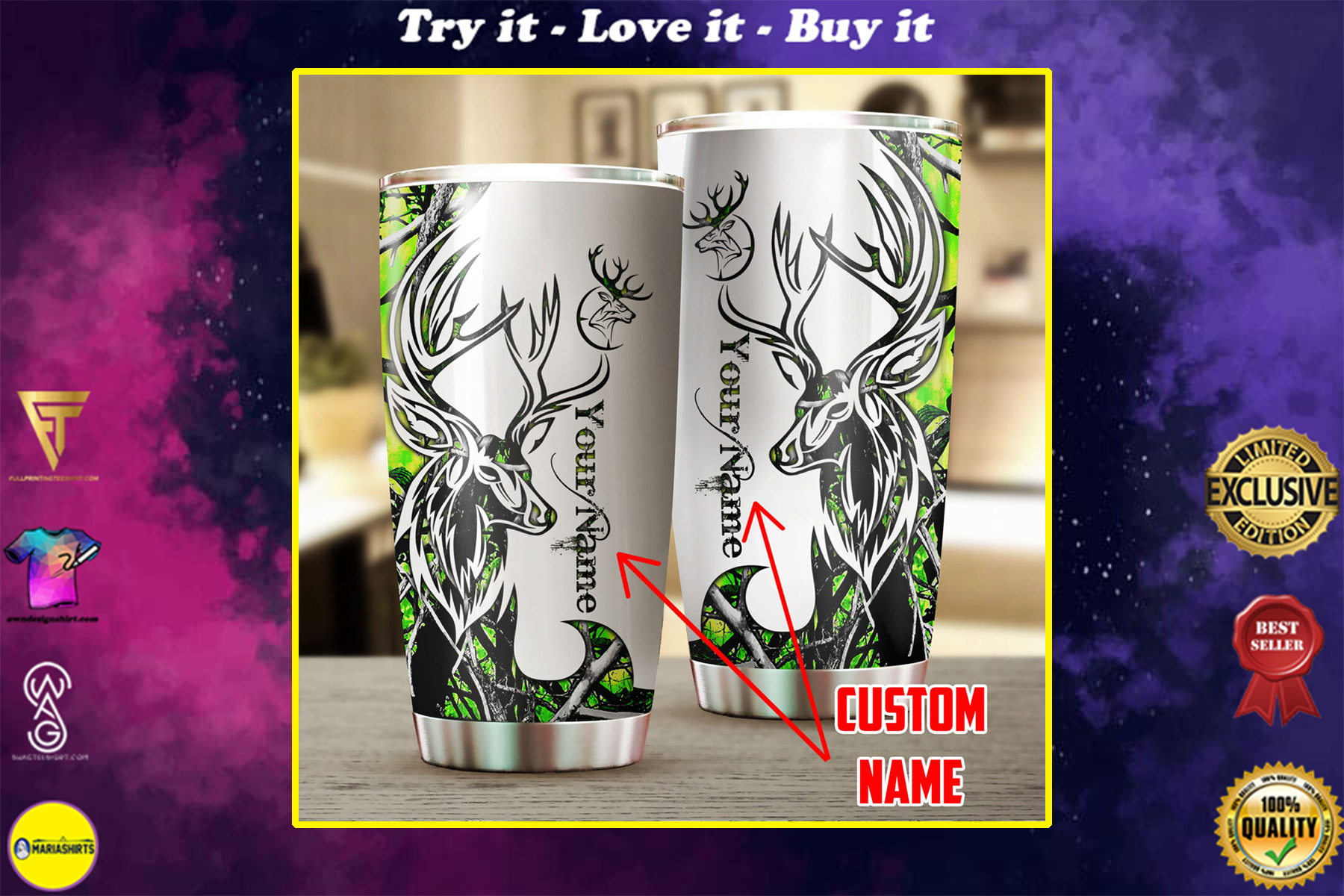 custom name deer hunting neon all over print stainless steel tumbler