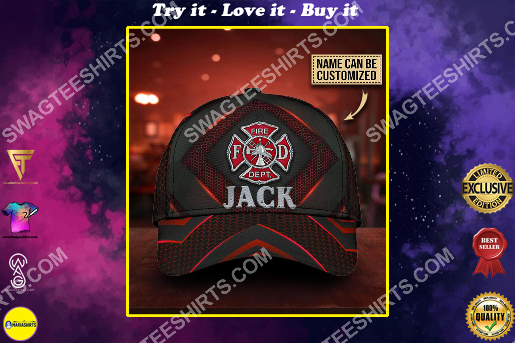 custom name firefighter all over printed classic cap