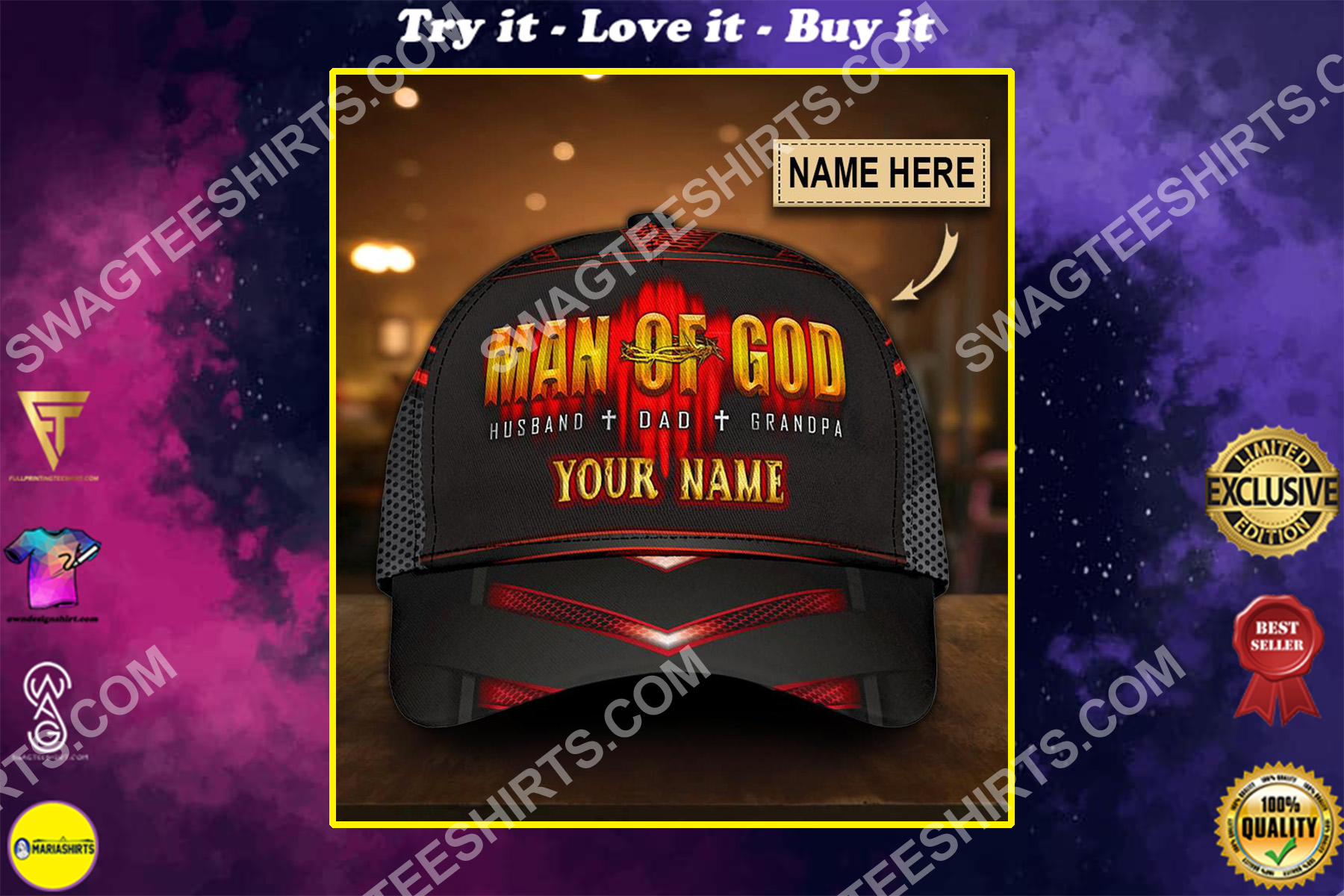 custom name man of God all over printed classic cap