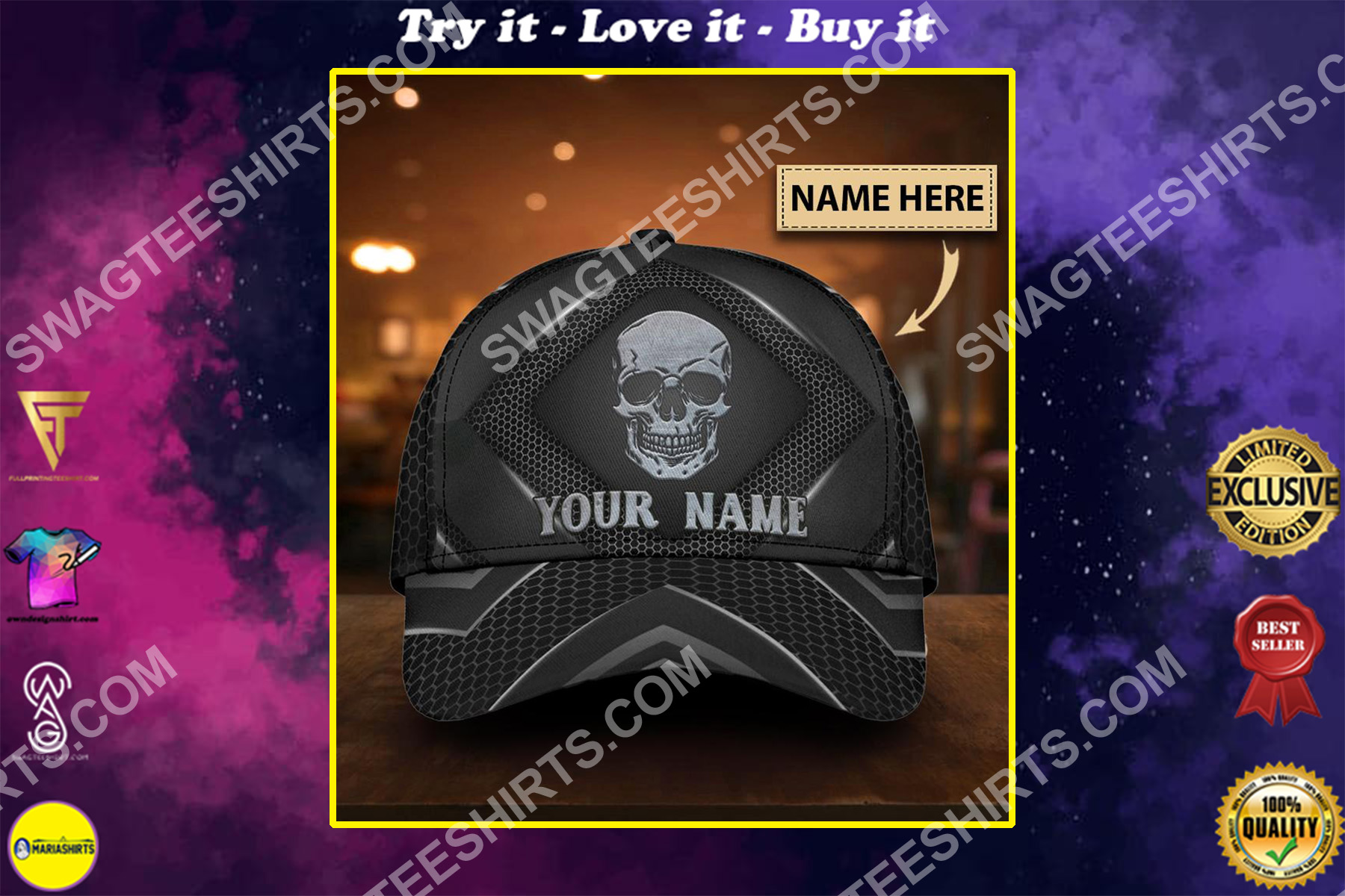 custom name skull all over print classic cap