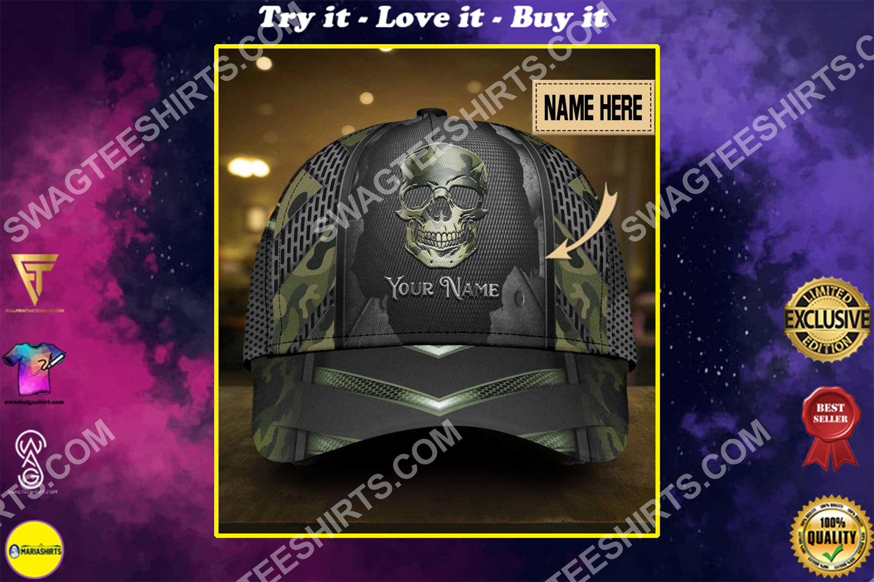 custom name skull camo all over printed classic cap