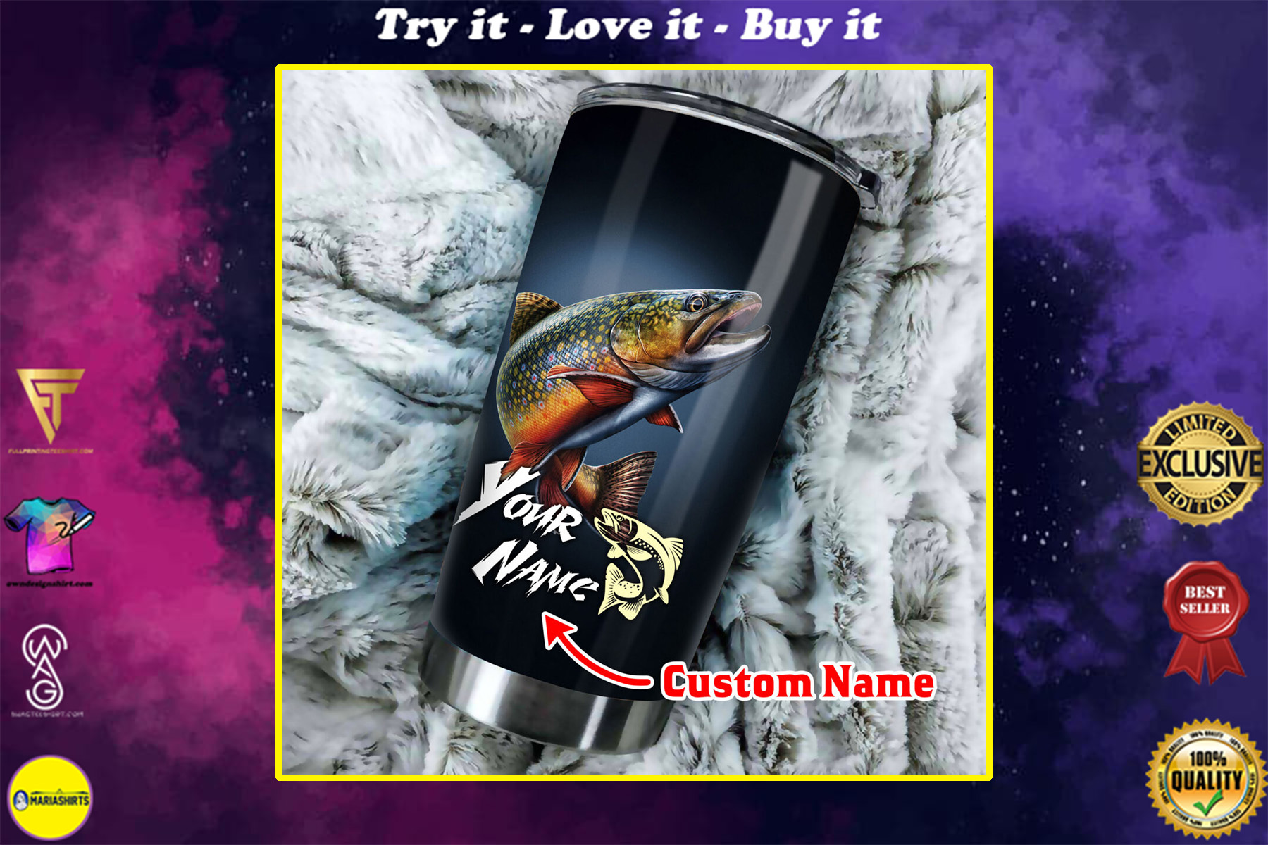custom name trout fishing all over print stainless steel tumbler