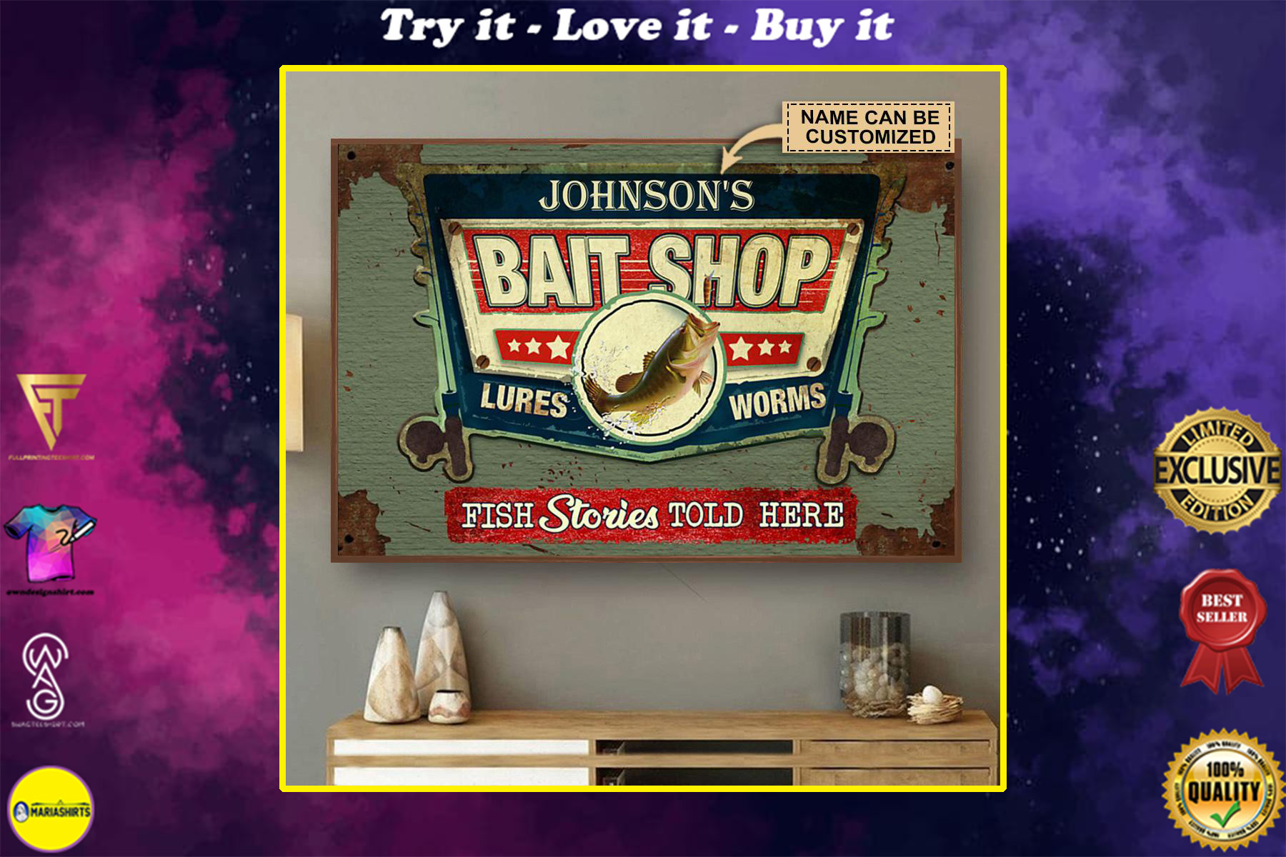 custom your name bait shop fish stories told here vintage poster