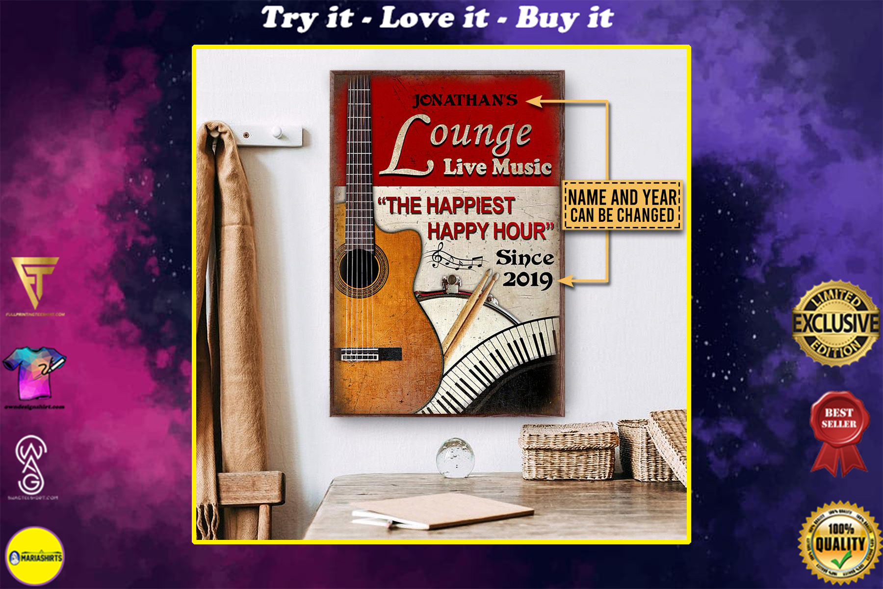 custom your name guitar lounge live music the happiest happy hour vintage poster