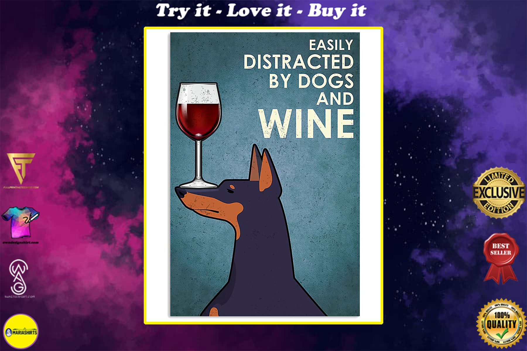 dog doberman easily distracted by dogs and wine poster
