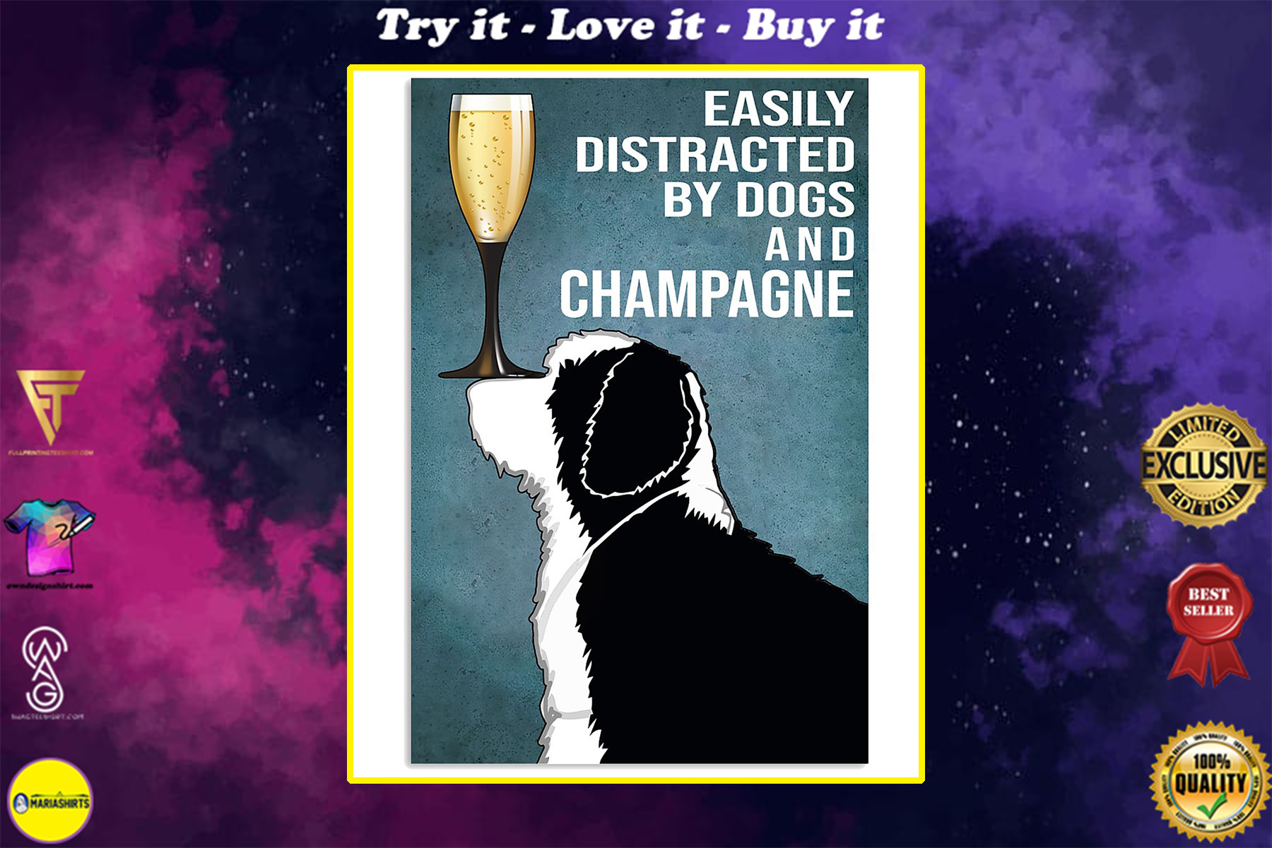 dog lover easily distracted by dogs and champagne poster