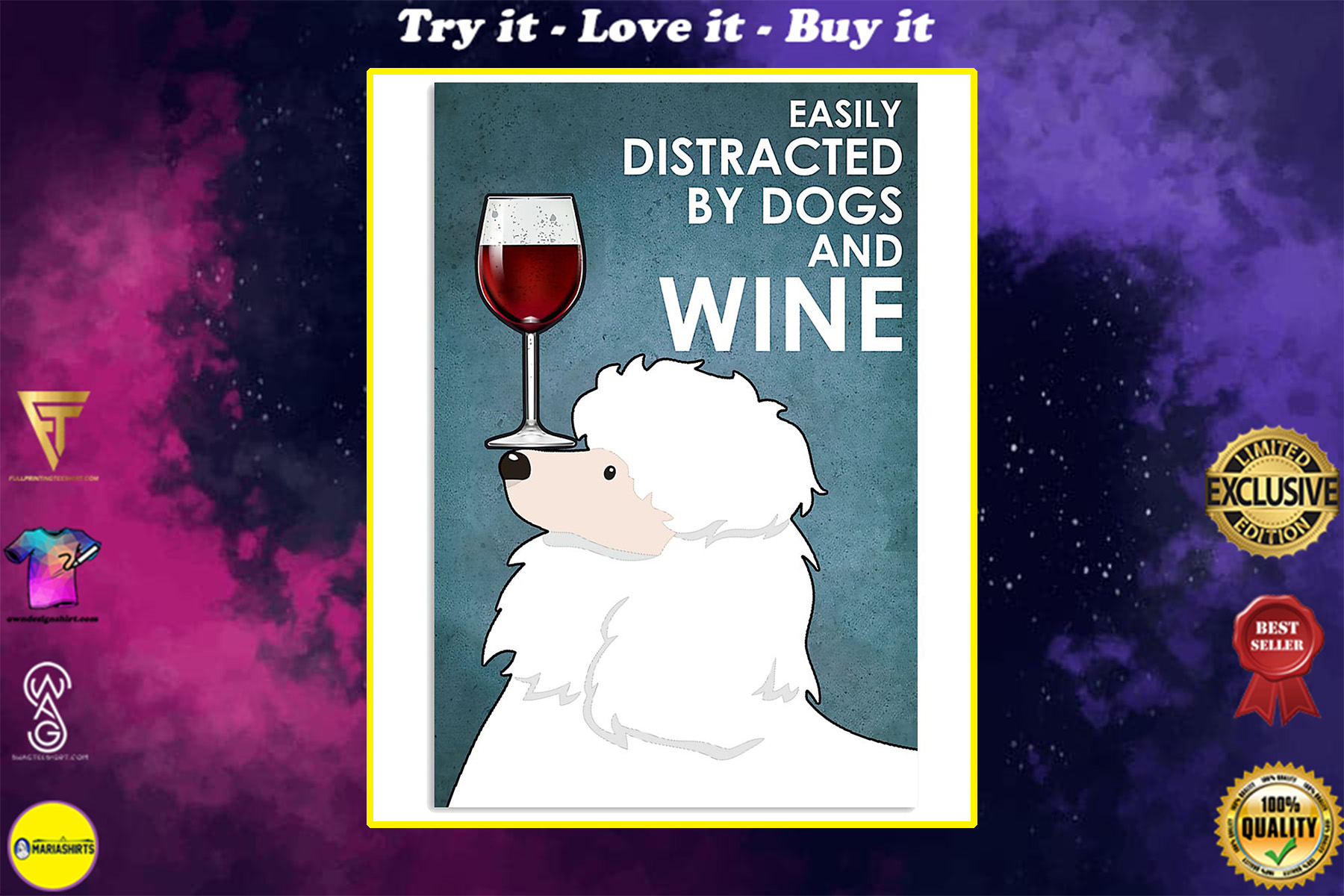 dog white poodle easily distracted by dogs and wine poster