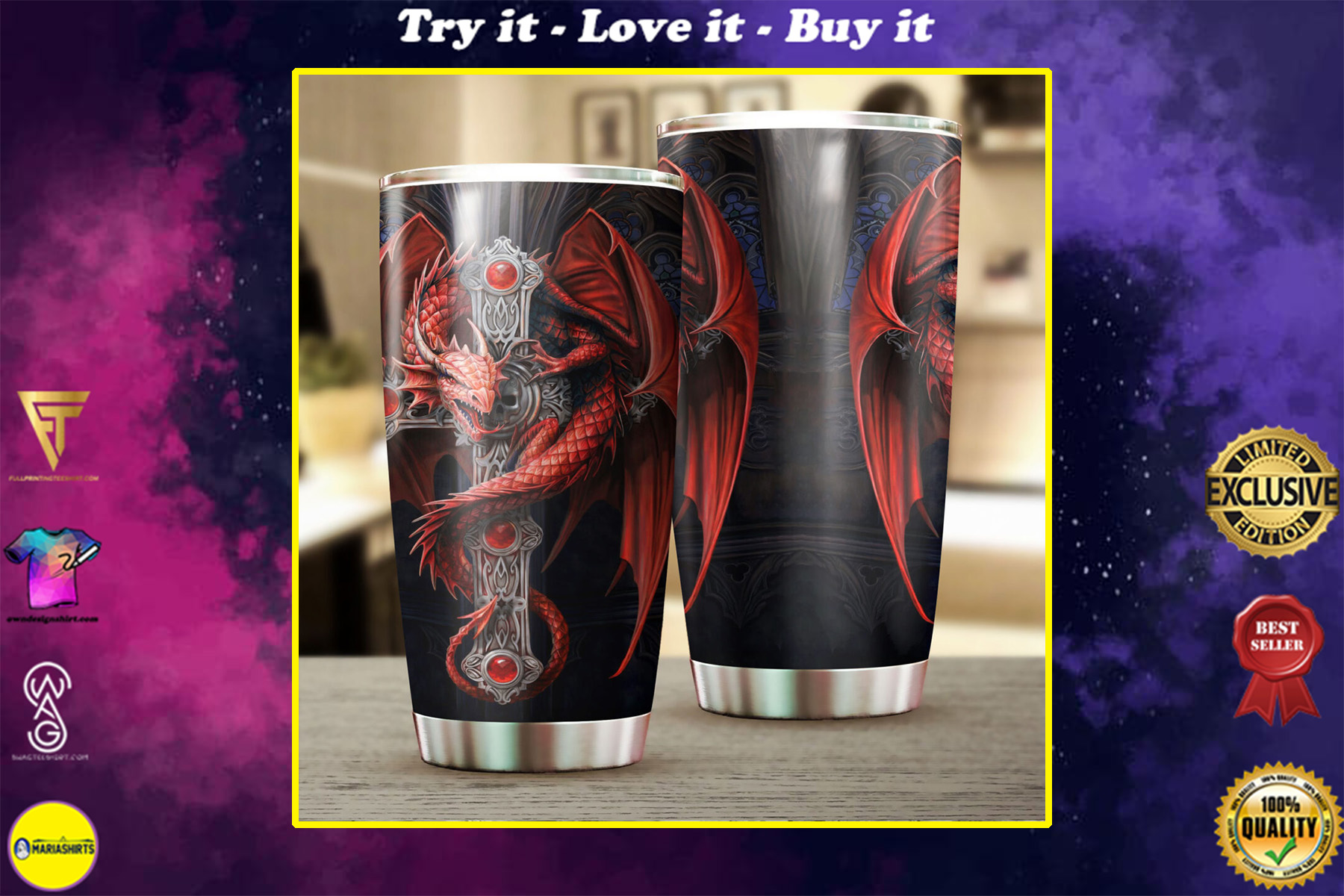 dragon and sword all over print stainless steel tumbler