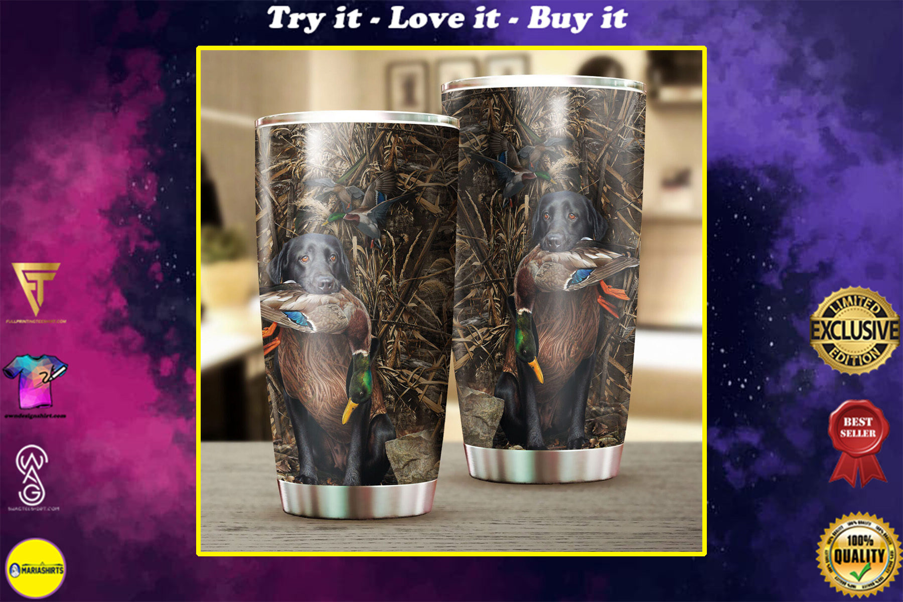 duck hunting dog camo all over print stainless steel tumbler