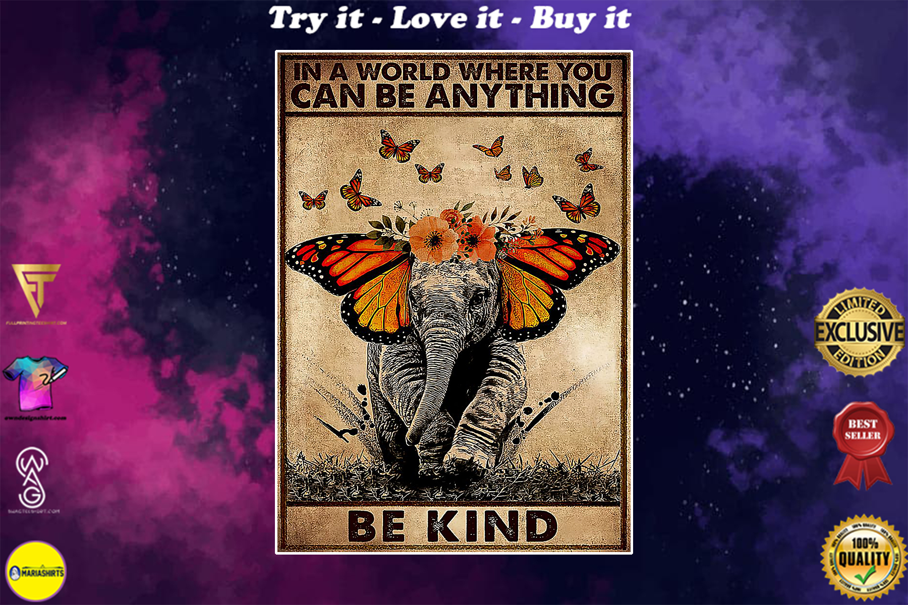elephant and butterfly in a world where you can be anything be kind vintage poster